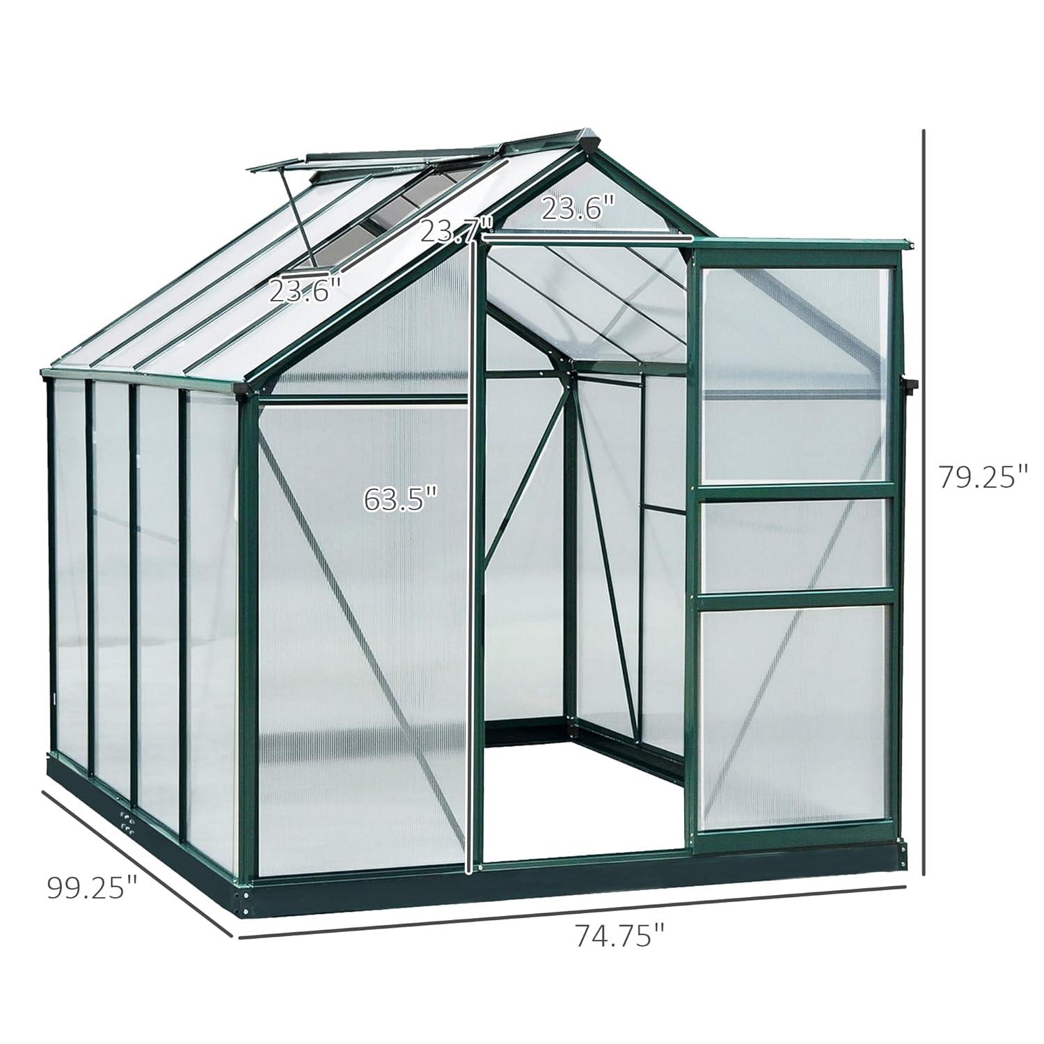 Outsunny 6.2' x 8.3' x 6.6' Polycarbonate Greenhouse, Heavy Duty Outdoor Aluminum Walk-in Green House Kit with Vent & Door for Backyard Garden, Green