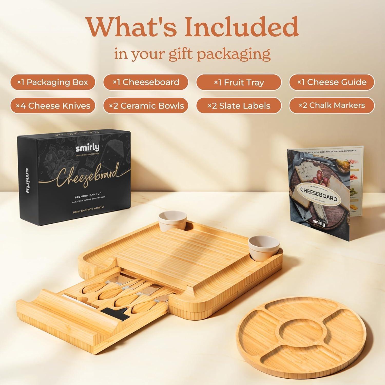 SMIRLY Charcuterie Board Set Large Bamboo Cheese Board with Fruit Tray & 2 Ceramic Bowls