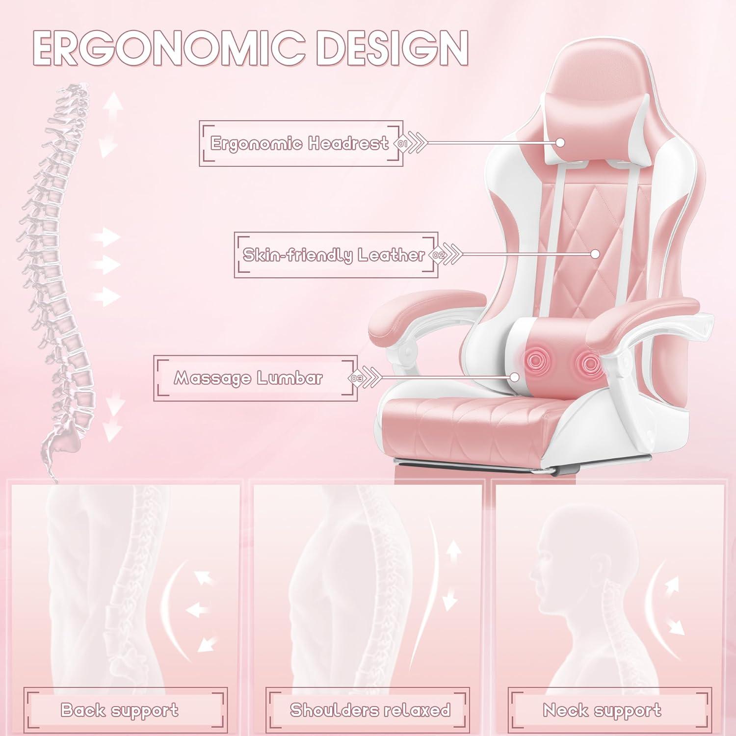 Pink and White Ergonomic Faux Leather Gaming Chair with Footrest