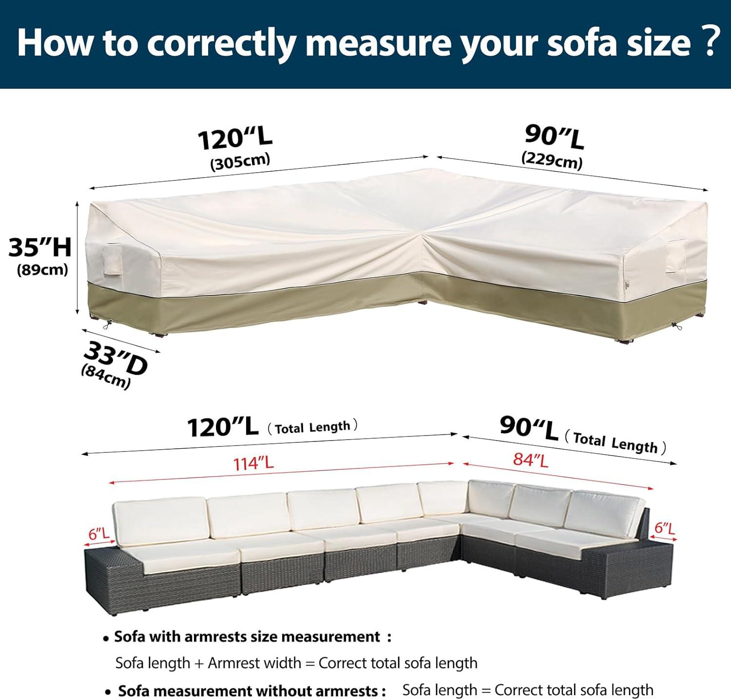 Outdoor Sectional Cover-V-Shaped Garden Patio Furniture Covers Waterproof Rip-Stop Anti-UV 600D Heavy Duty Outdoor Couch Cover with 3 Air Vents Sofa Cover 85''L 33.5''D 31''H,Beige & Reddish Brown