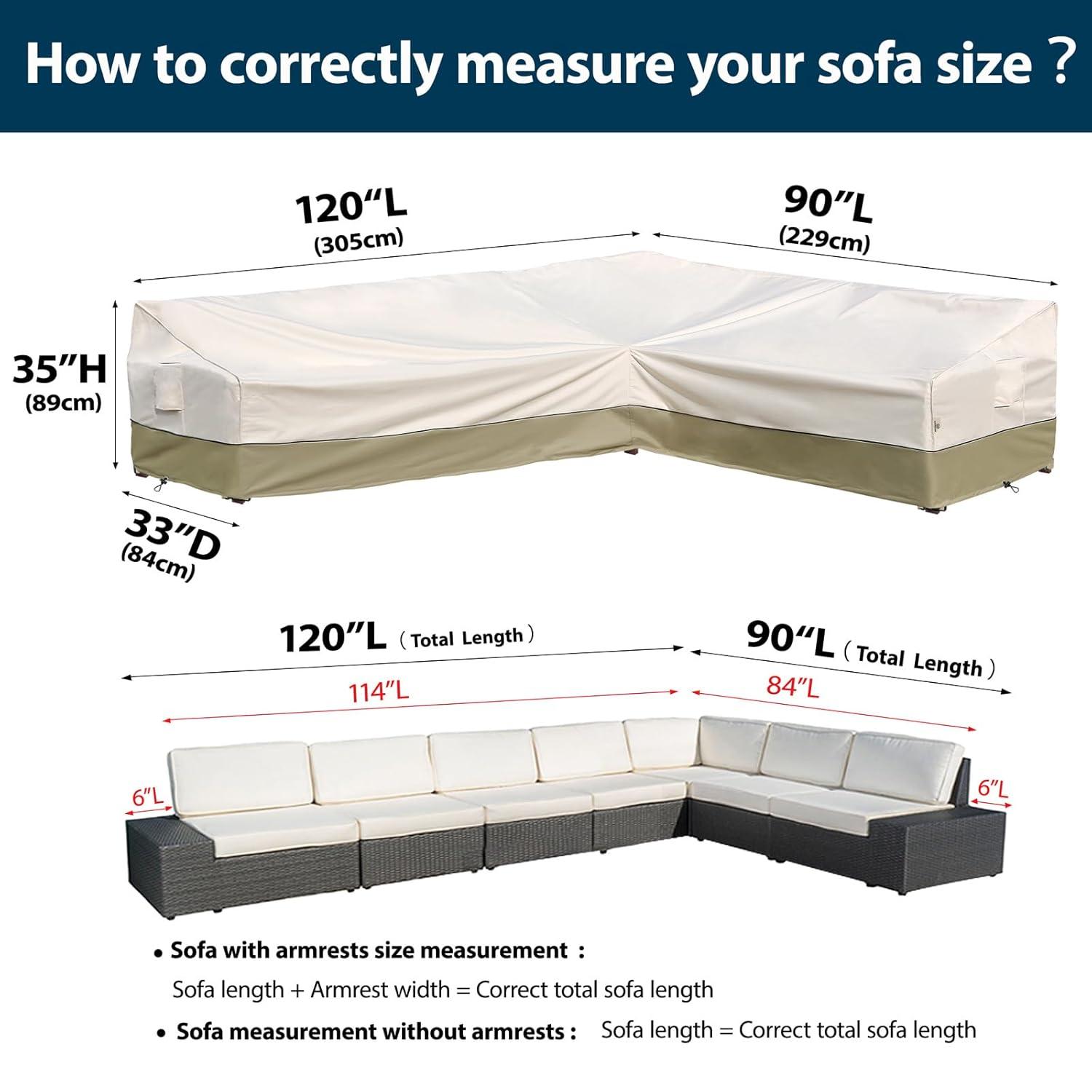 Outdoor Sectional Cover-V-Shaped Garden Patio Furniture Covers Waterproof Rip-Stop Anti-UV 600D Heavy Duty Outdoor Couch Cover with 3 Air Vents Sofa Cover 85''L 33.5''D 31''H,Beige & Reddish Brown