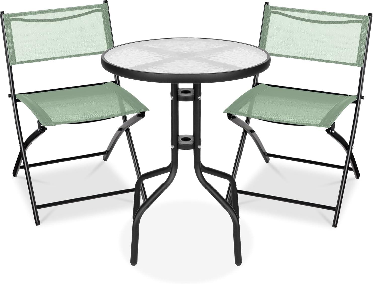 George Oliver 3-Piece Patio Bistro Dining Furniture Set W/ Glass Tabletop, Folding Chairs
