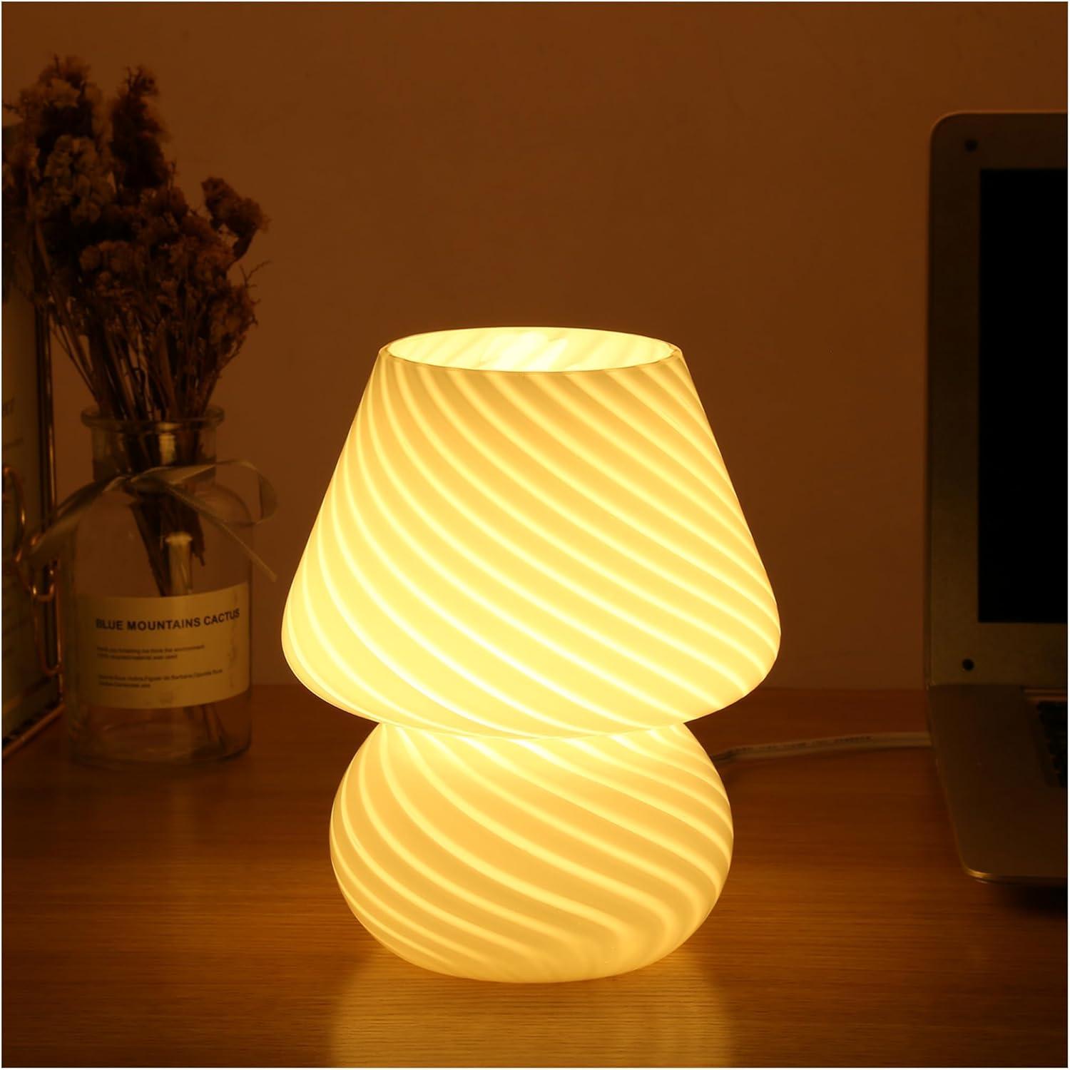 Small Beige Glass Mushroom Table Lamp