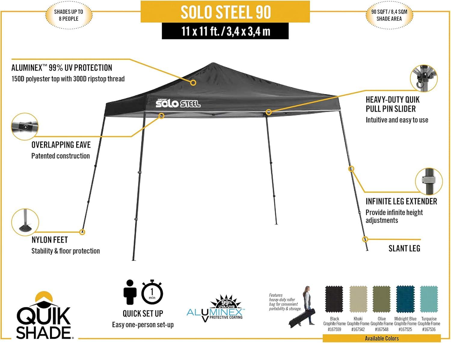 Quik Shade 167548DS SOLO90 11 x 11 ft. Slant Leg Canopy, Olive Cover - Gray Frame