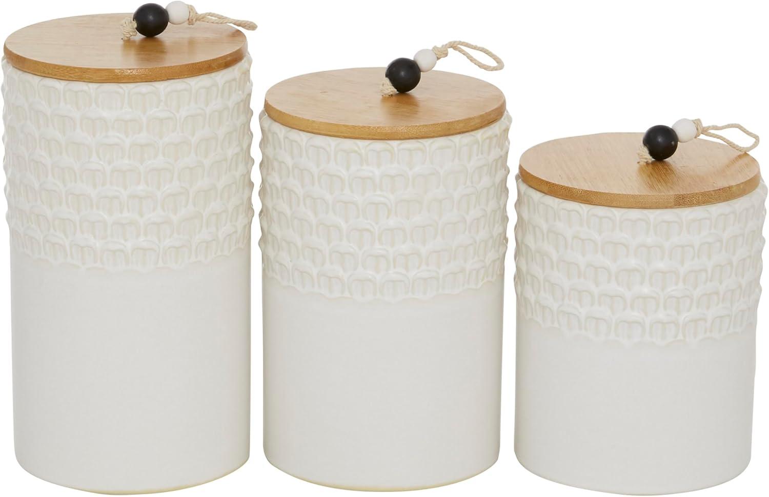 Charming White Ceramic Decorative Jar Trio with Wooden Lids