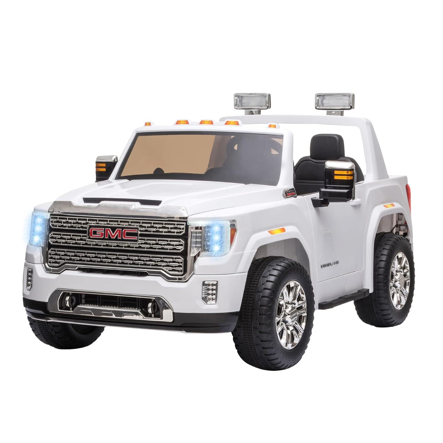 Aosom 12V GMC Sierra HD Licensed Ride on Truck, Battery Powered Electric Car for Kids w/ Remote Control, Headlights & Four Wheel Suspension, White