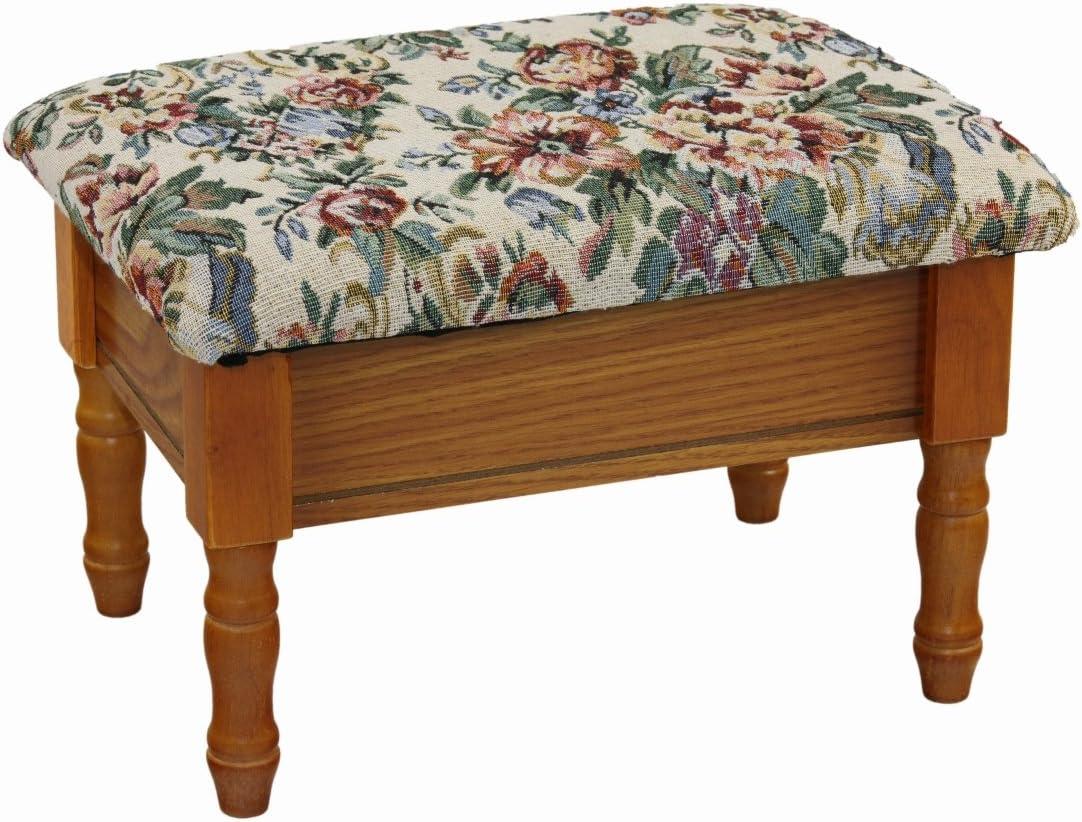 Modern Oak Finish Round Storage Footstool with Cream Damask Seat