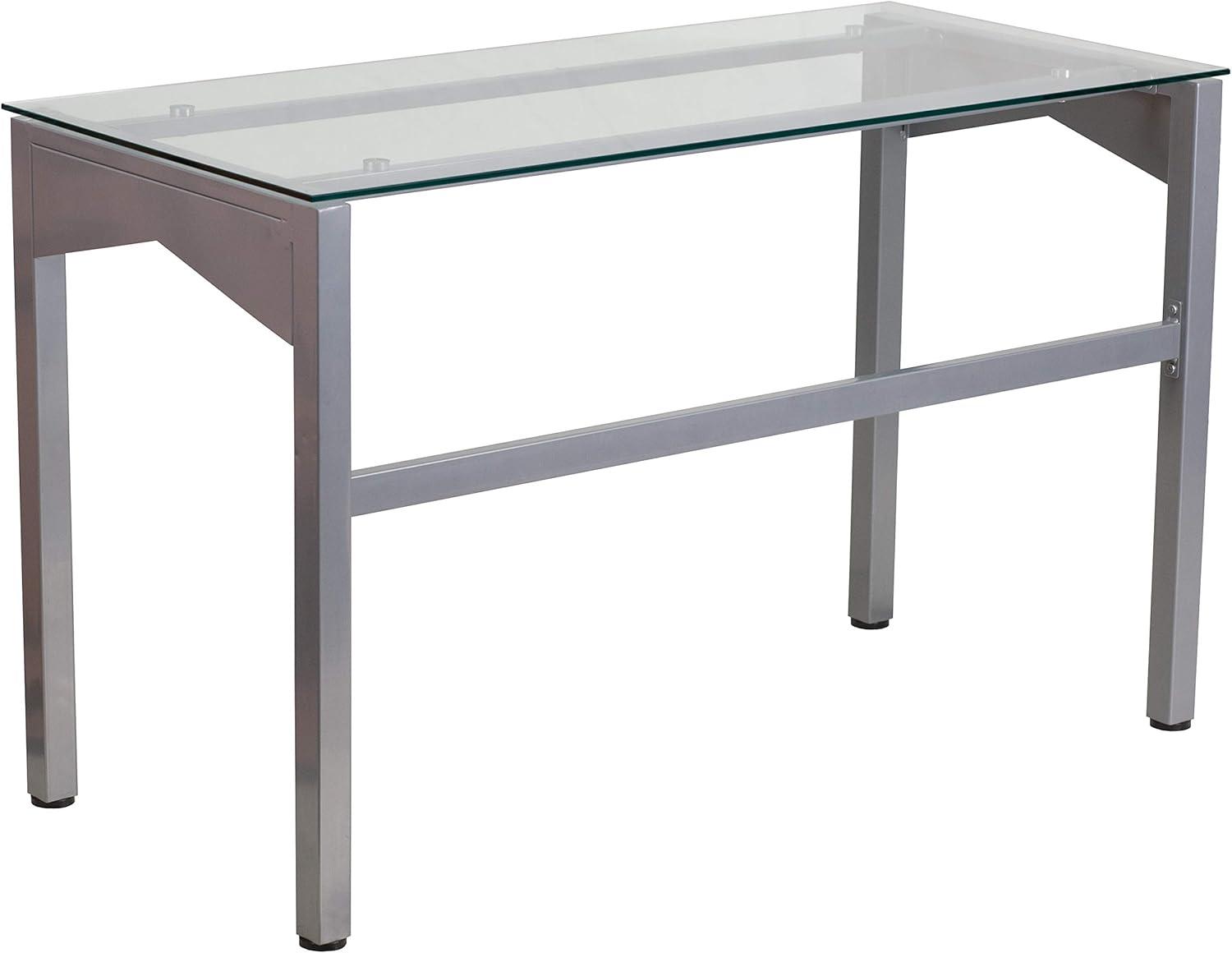 Sleek Gray Tempered Glass Desk with Geometric Drawer