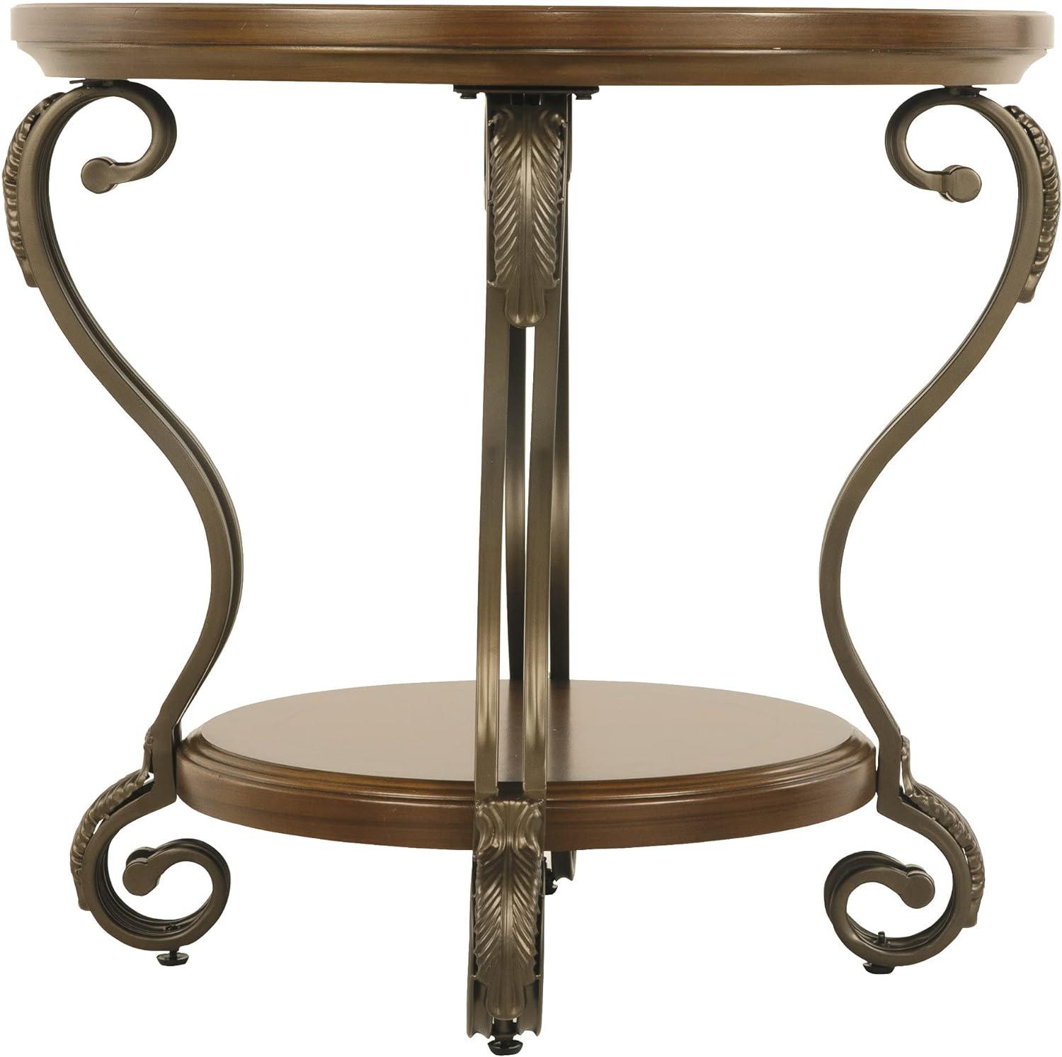 Nestor Contemporary Round End Table with Acanthus Leaf Carvings, Medium Brown