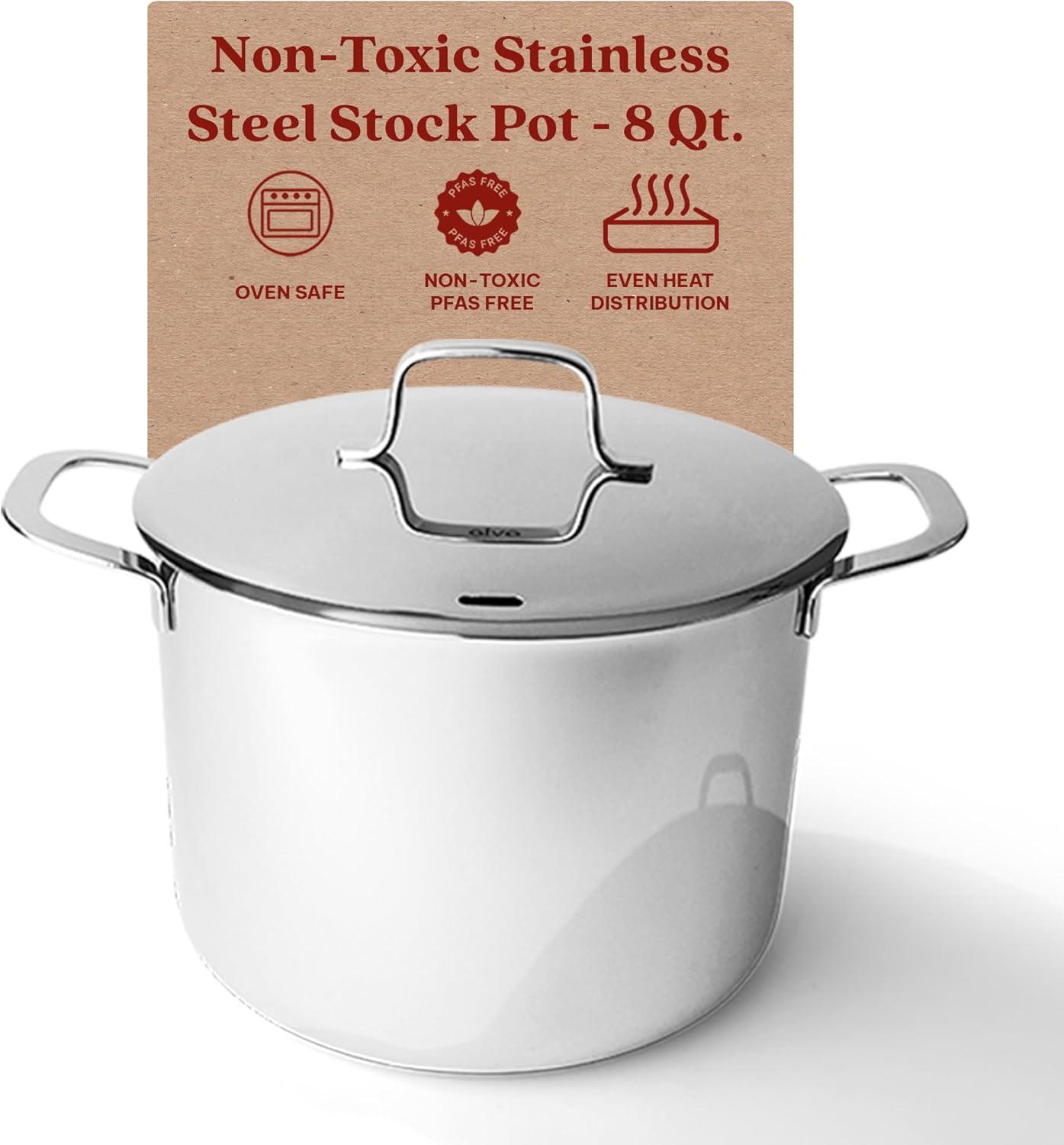 Alva Maestro 8 Qt. Stainless Steel Stock Pot with Lid Scratch Resistant Non-Toxic PFAS Free Compatible with All Stovetops Oven Safe & Induction Safe