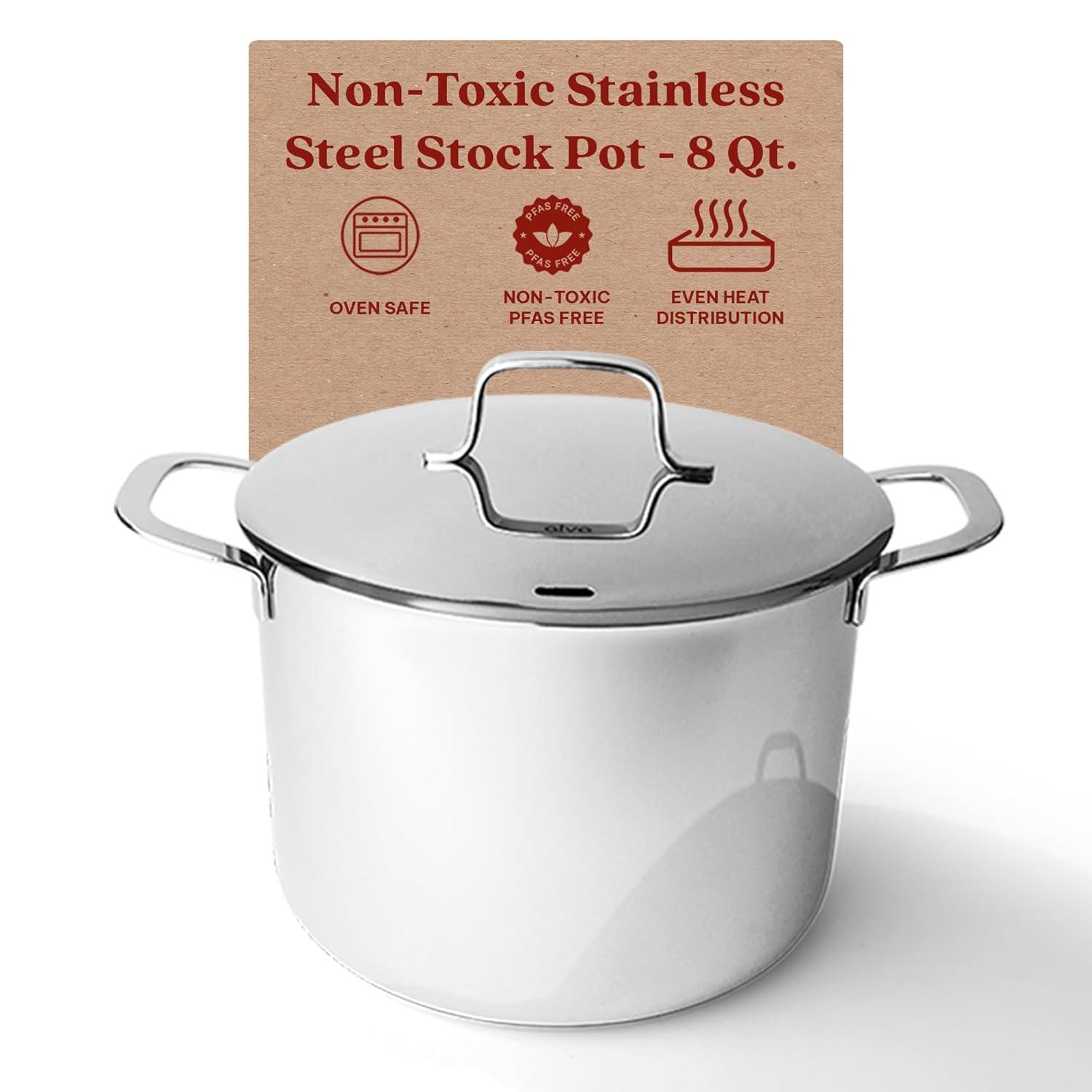 Alva Maestro 8 Qt. Stainless Steel Stock Pot with Lid Scratch Resistant Non-Toxic PFAS Free Compatible with All Stovetops Oven Safe & Induction Safe