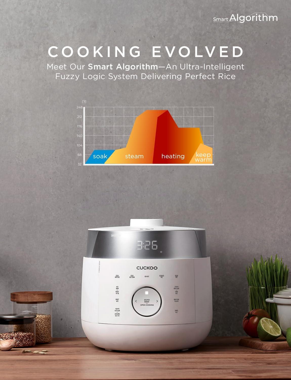 CUCKOO CRP-LHTR1009FW 10-Cup (Uncooked) / 20-Cup (Cooked) Induction Heating Twin Pressure Rice Cooker with Nonstick Inner Pot, 16 Menu Modes, 3 Voice Guide, Auto Clean (White)
