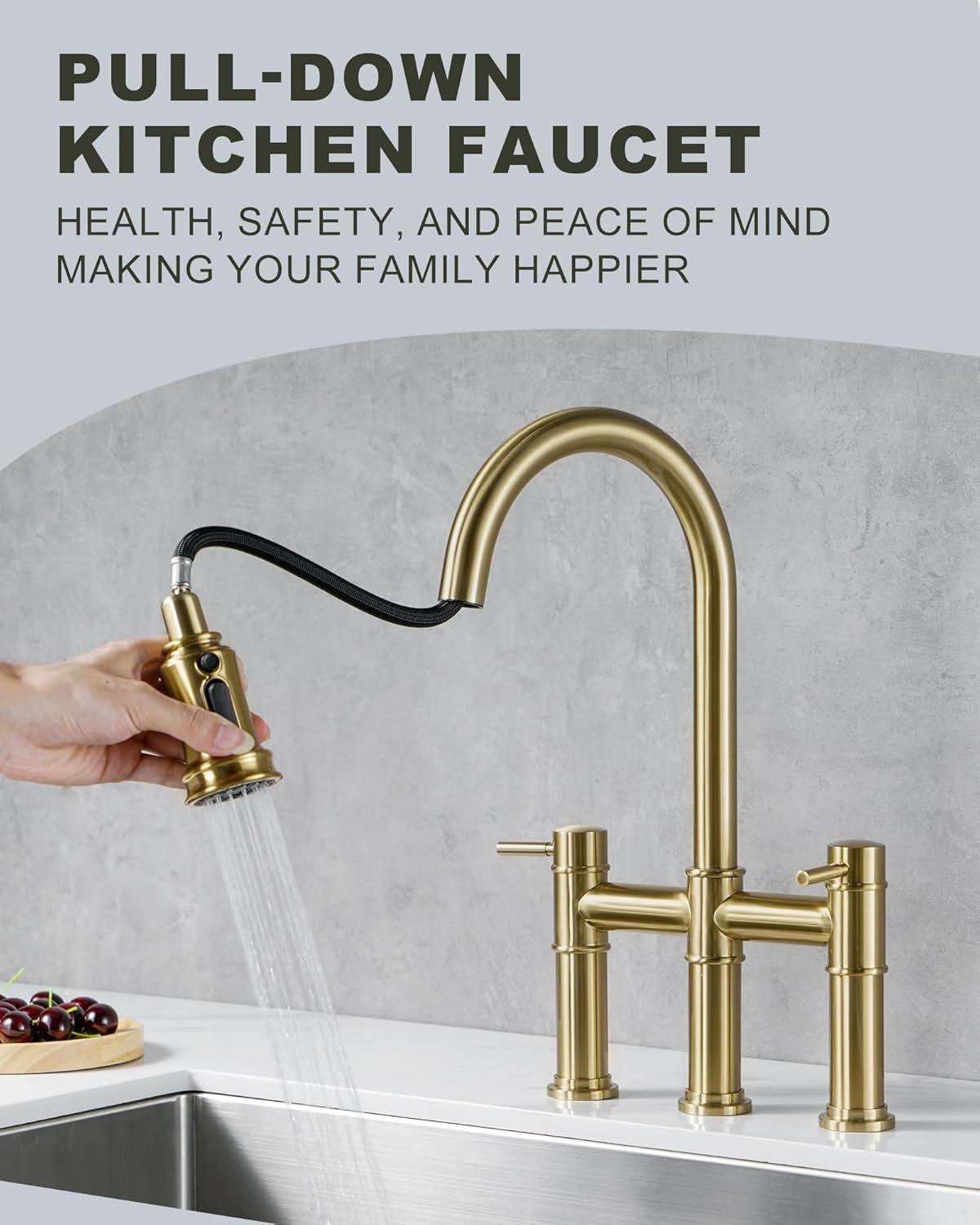 Gold Double Handle Bridge Kitchen Faucet with Pull Down Sprayer