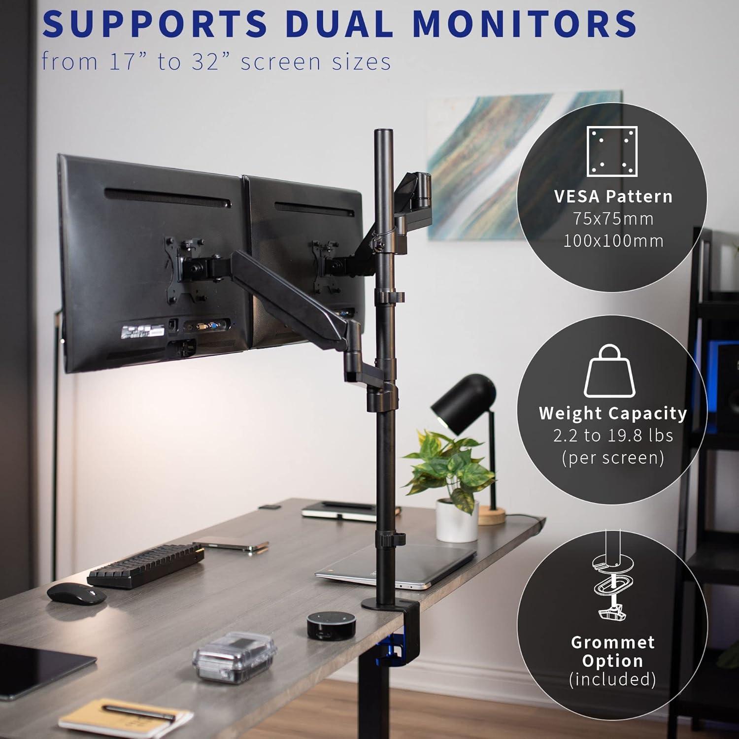 Extra Tall Dual Monitor Black Steel Desk Mount with Pneumatic Spring