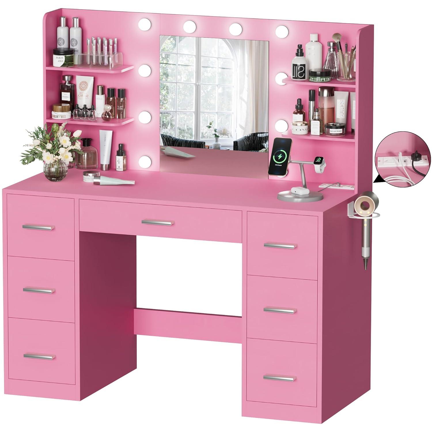 YESHOMY Vanity Desk with Mirror, Power Outlet and 10 Lights, Makeup Table with 7 Drawers, 3 Color Modes Available for Bedroom, White