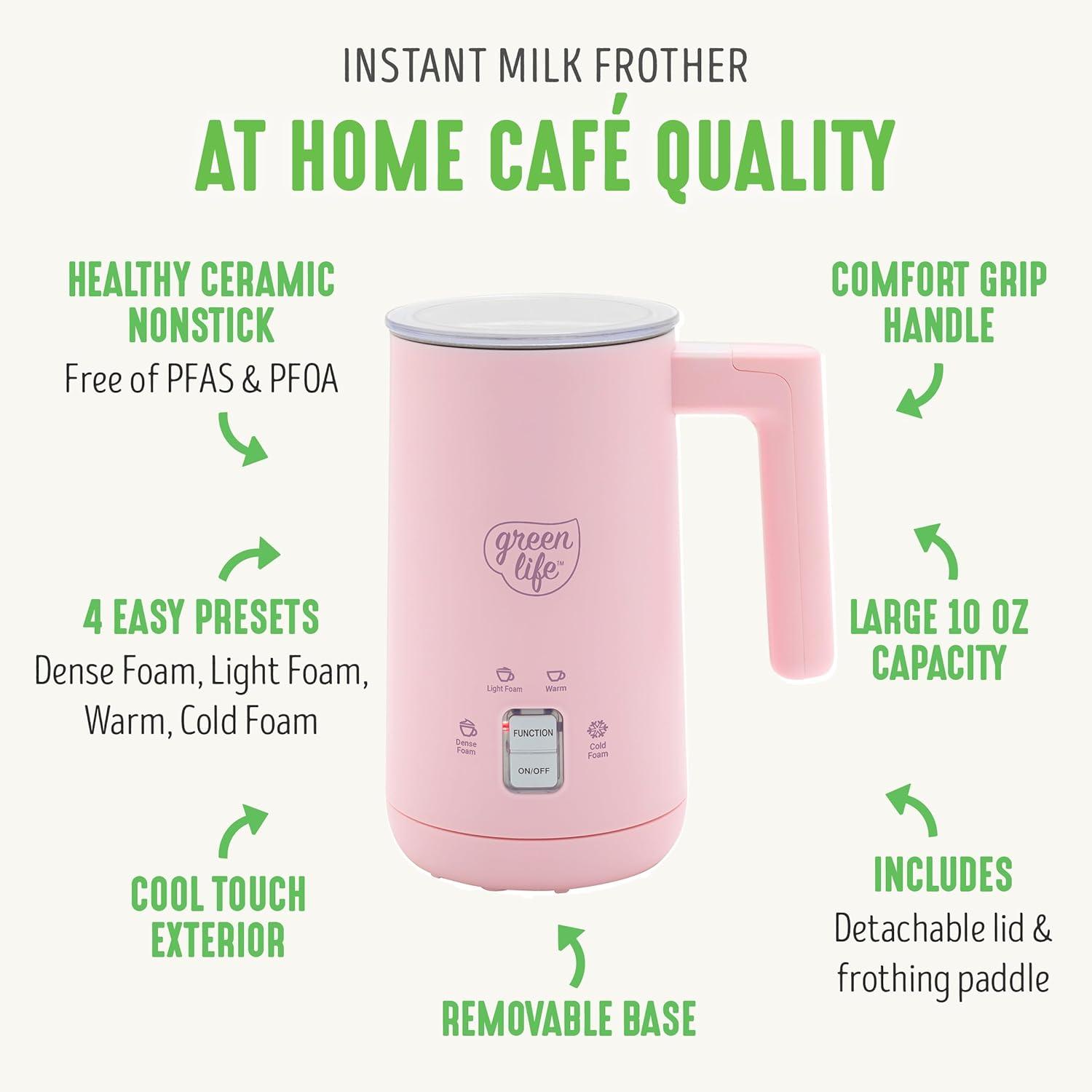 GreenLife GreenLife 10oz Electric Milk Frother, 4-in-1 Hot and Cold Milk Warmer and Steamer, PFOA / PFAS Free