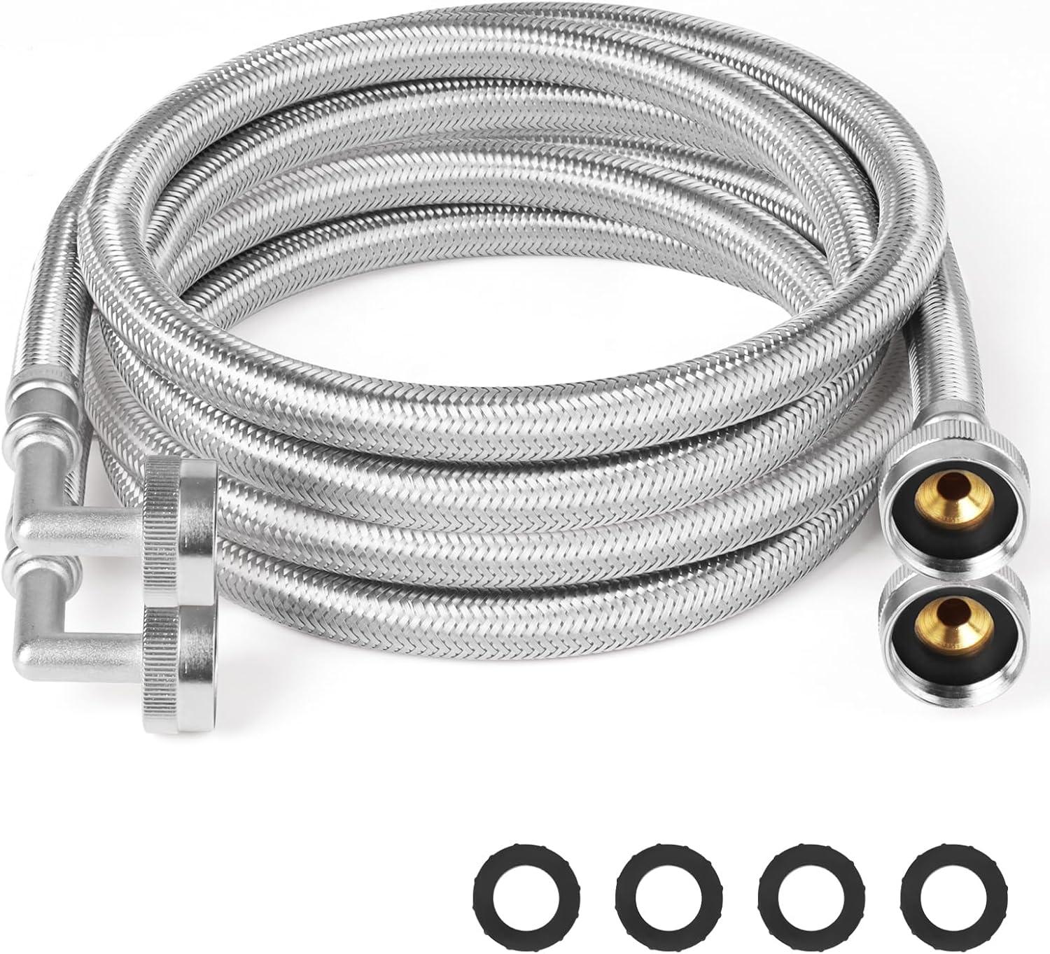 2-Pack Premium Stainless Steel Washing Machine Hoses - 5 FT No-Lead Burst Proof Water Inlet Supply Lines - Universal 90 Degree Elbow Connection