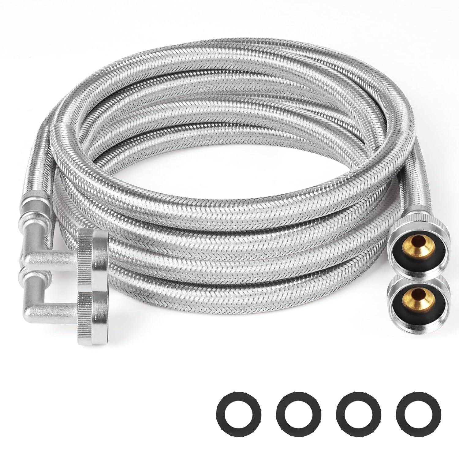 2-Pack Premium Stainless Steel Washing Machine Hoses - 5 FT No-Lead Burst Proof Water Inlet Supply Lines - Universal 90 Degree Elbow Connection