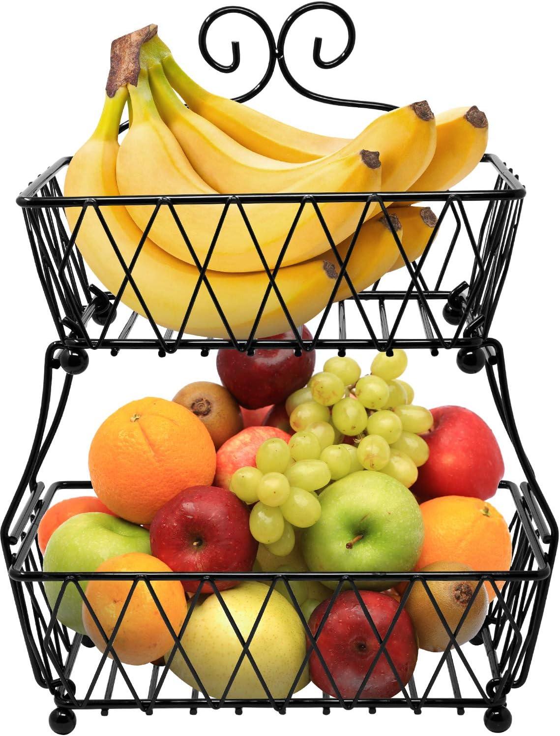 Black Metal 2-Tier Rectangular Fruit Basket Stand