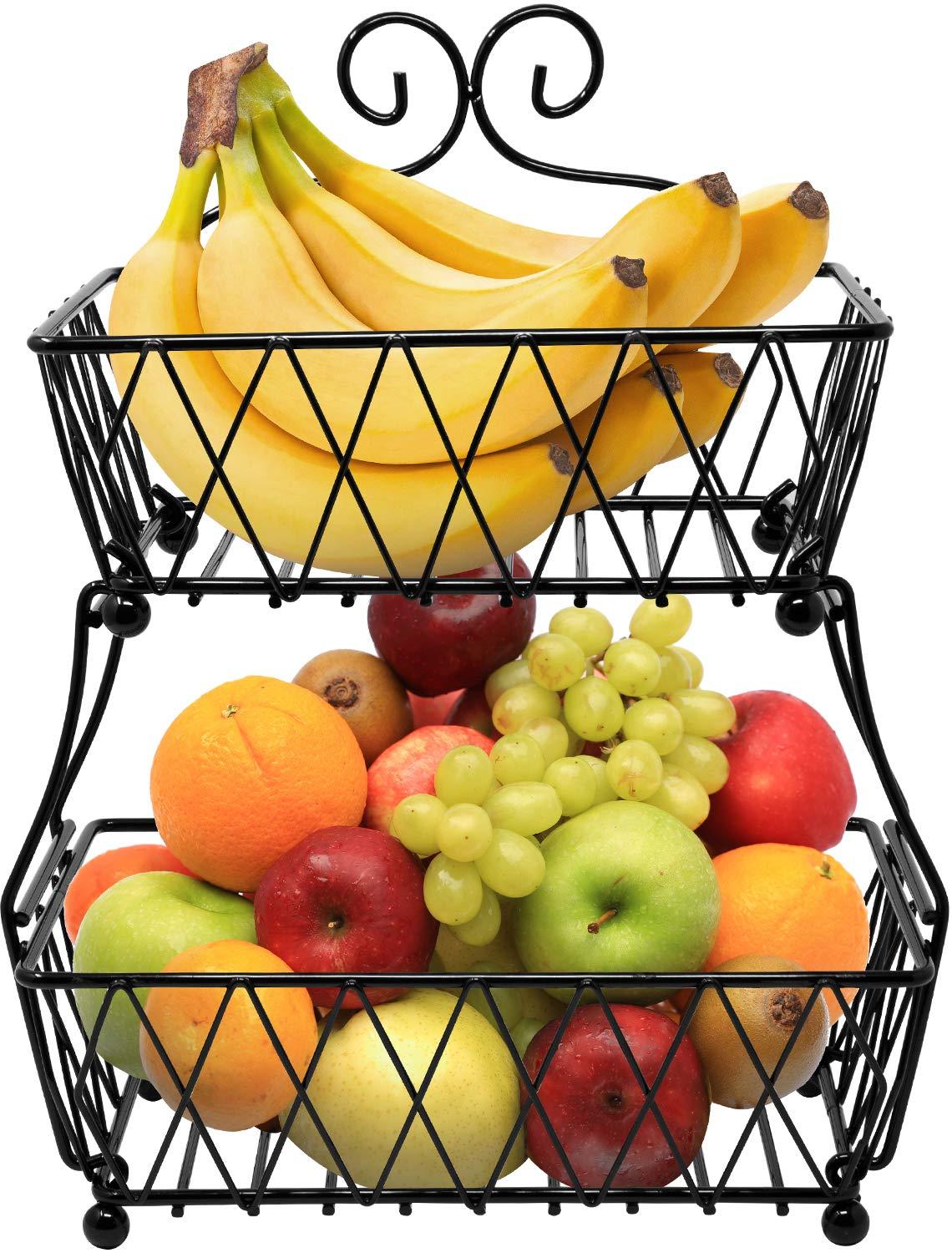 2-Tier Fruit Bread Basket Display Stand, Counter Storage for Kitchen, Bathroom, Rectangular Antique Metal