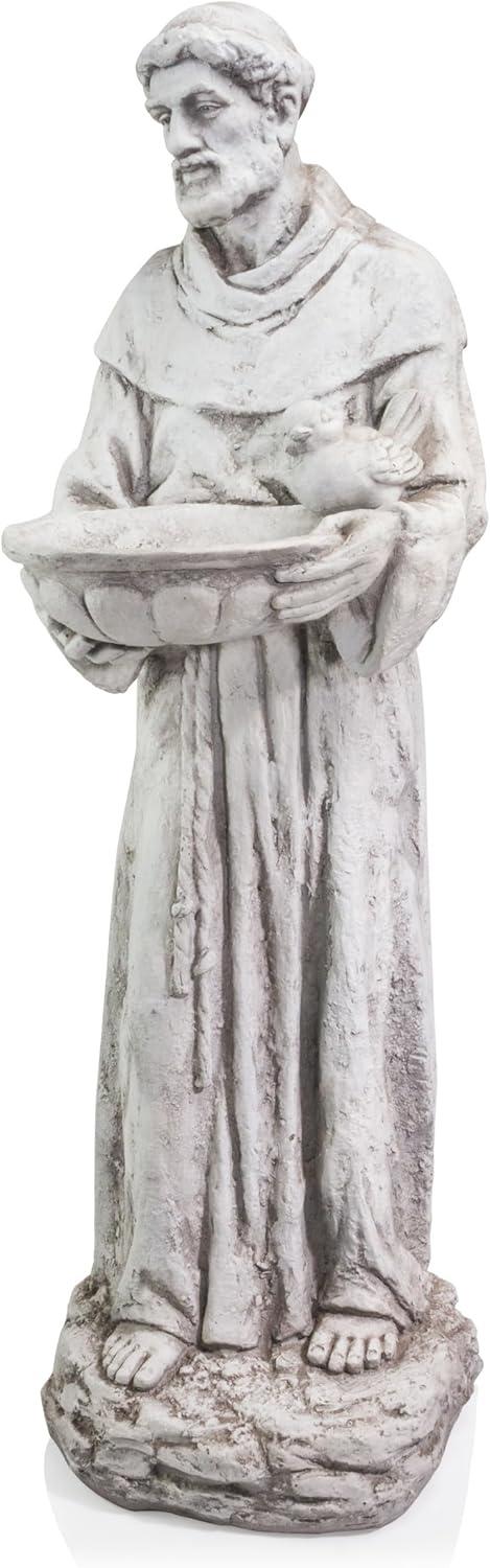 45 in. Tall Outdoor Saint Francis Birdbath Statue Yard Art Decoration, Light Gray