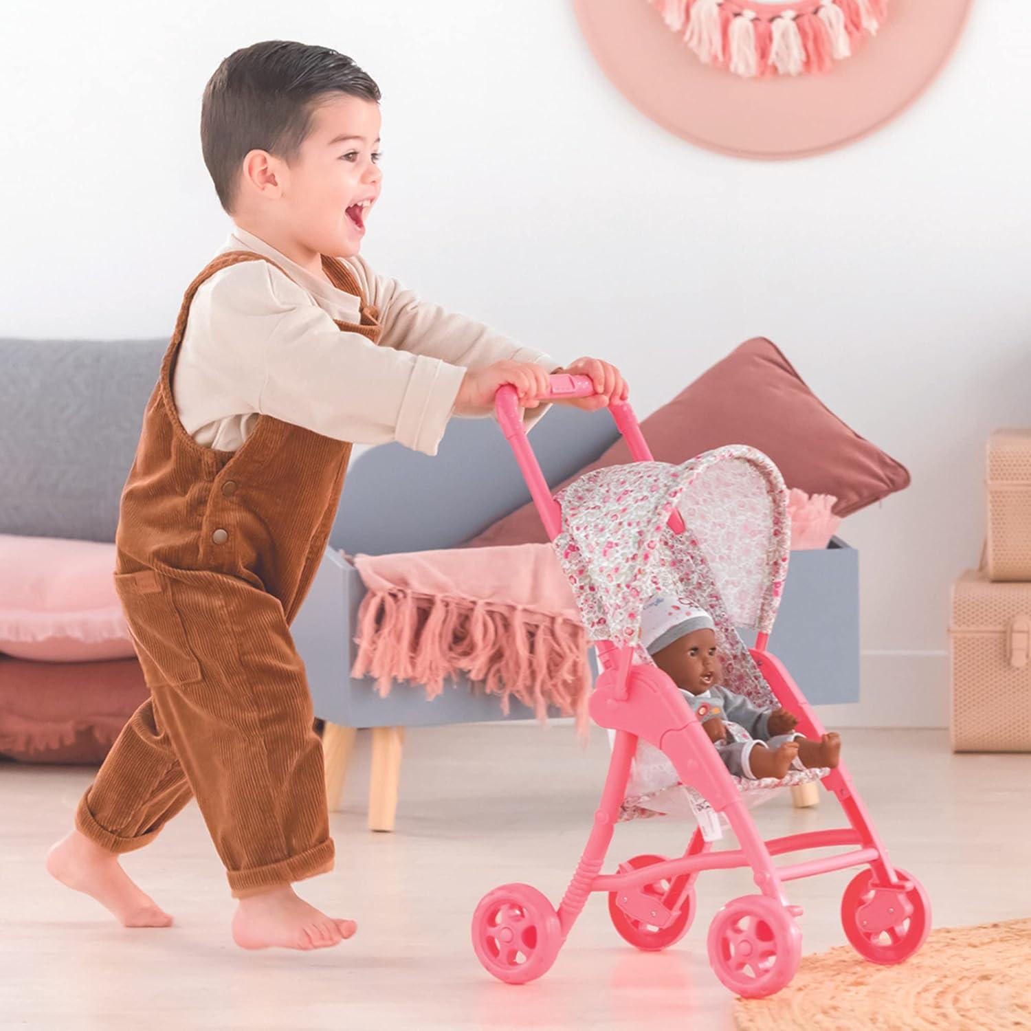Corolle Baby Doll Stroller with Folding Canopy - Mon Premier Poupon Accessory Fits 12" Dolls, Pink/Floral Pattern, for Kids Ages 18 Months and up
