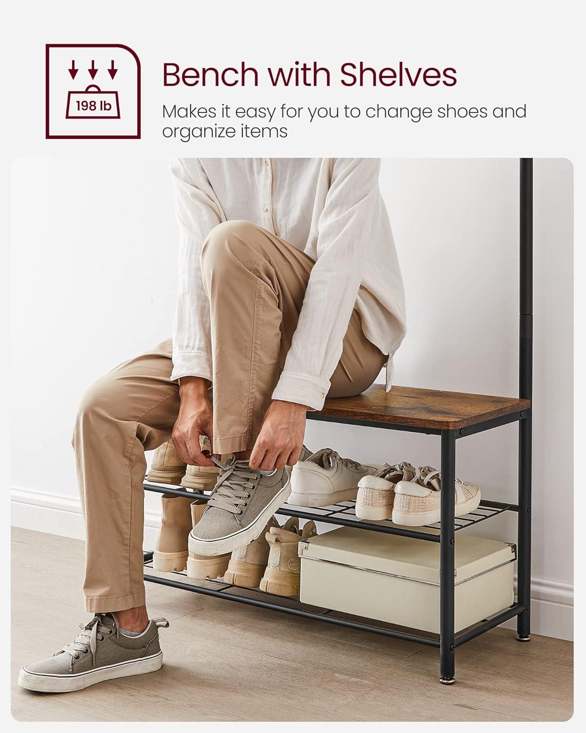 VASAGLE Coat Rack, Hall Tree with Shoe Storage Bench, Entryway Bench with Shoe Storage, 3-in-1, Steel Frame, for Entryway, 12.6 x 33.5 x 68.9 Inches, Industrial, Rustic Brown and Black UHSR401B01