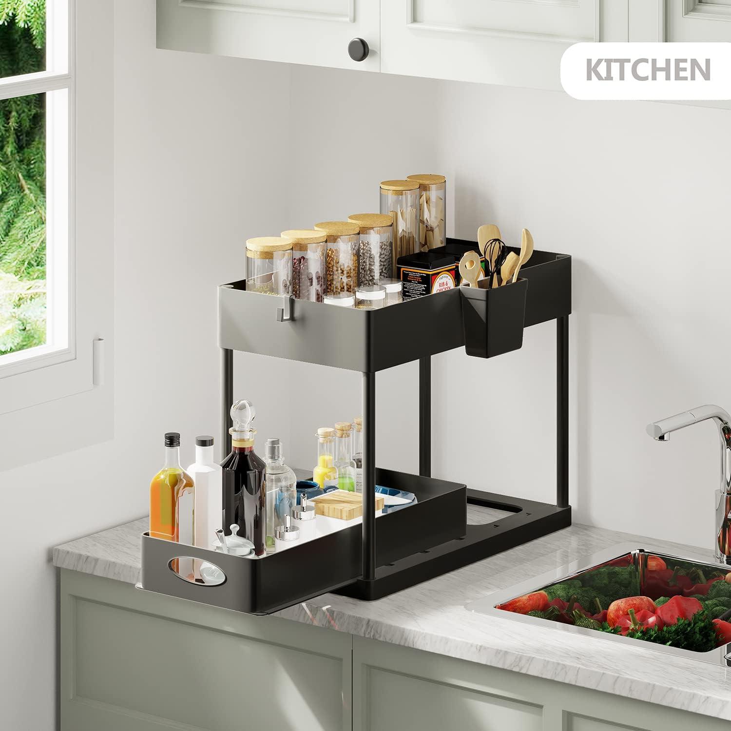 Storagebud  2 Tier Under Kitchen Sink Organizer with Sliding Drawer-Bathroom Cabinet Organizer with Utility Hooks and Side Caddy 1 Pack - Black