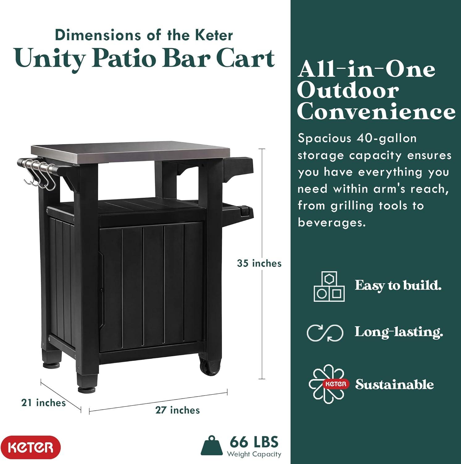 Keter Unity 40 Gal Patio Storage Grilling Bar Cart w/ Stainless Steel Top