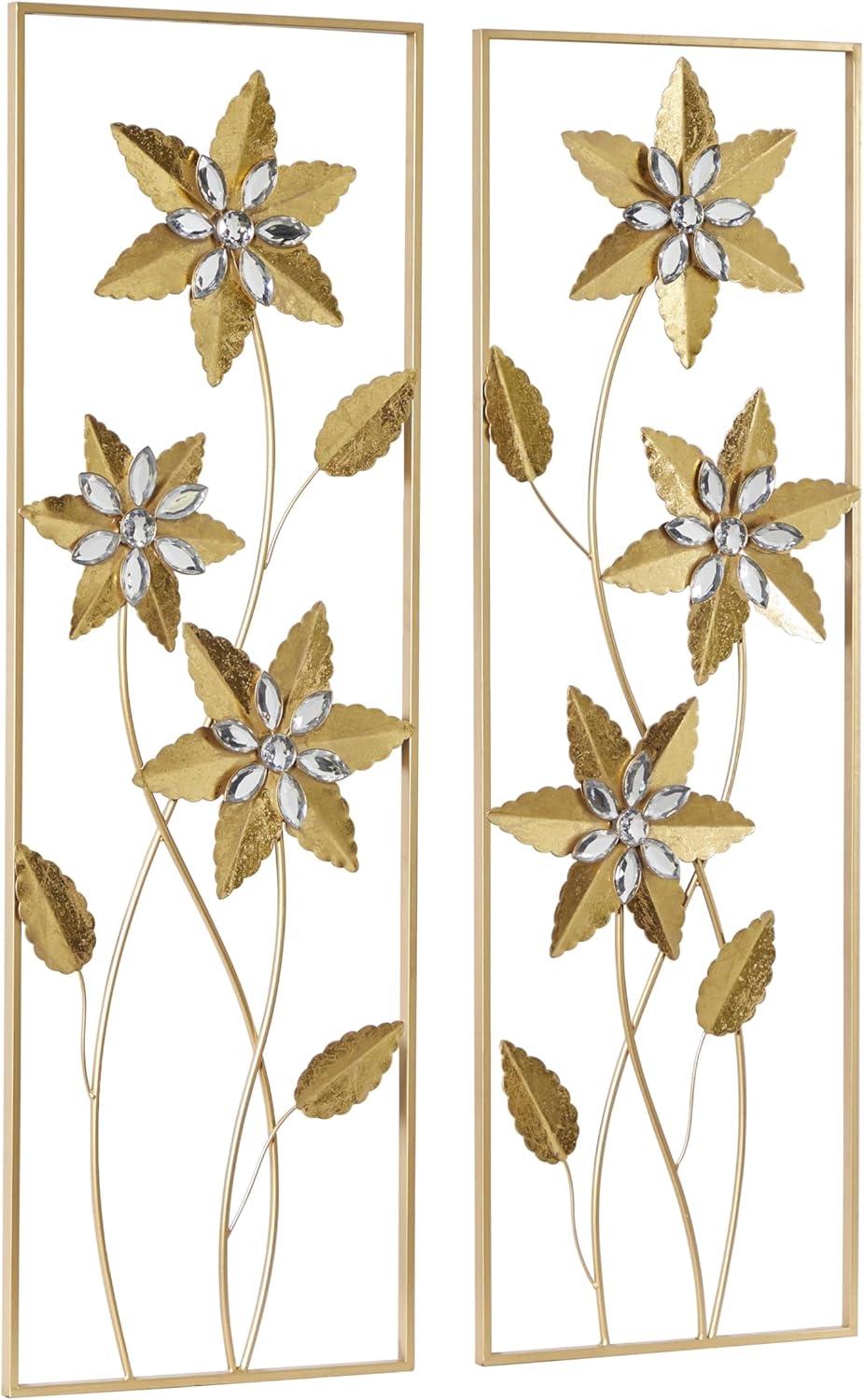 DecMode Gold Metal Floral Wall Decor with Gold Frame (2 Count)