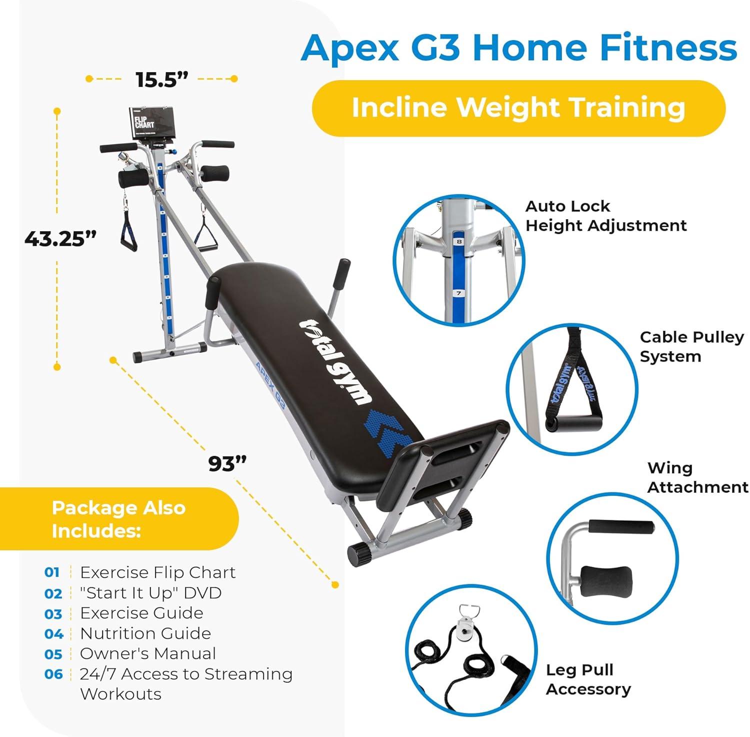 Total Gym APEX G3 Home Fitness Incline Weight Trainer w/8 Resistance Levels