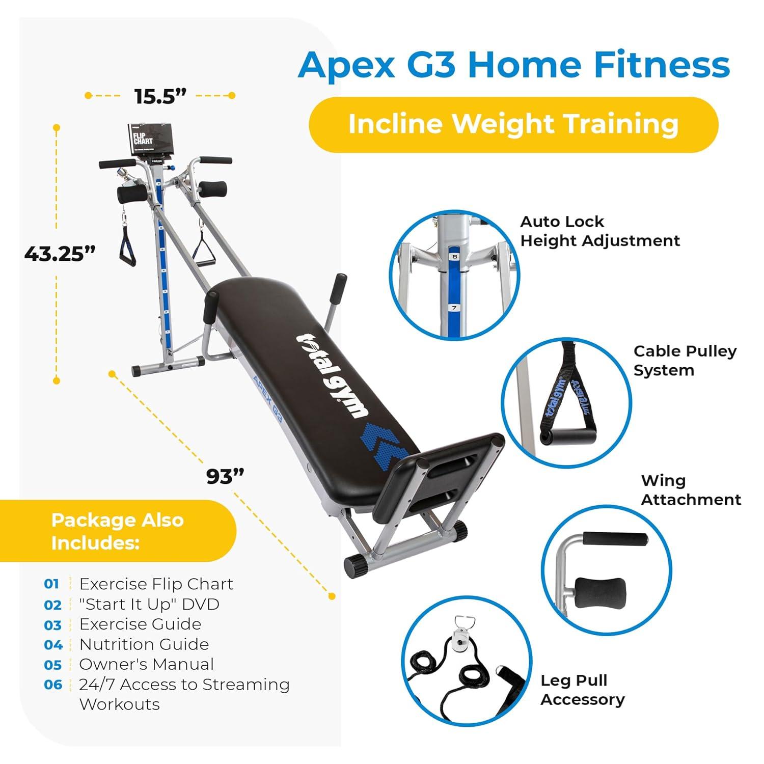 Total Gym APEX G3 Home Fitness Incline Weight Trainer w/8 Resistance Levels