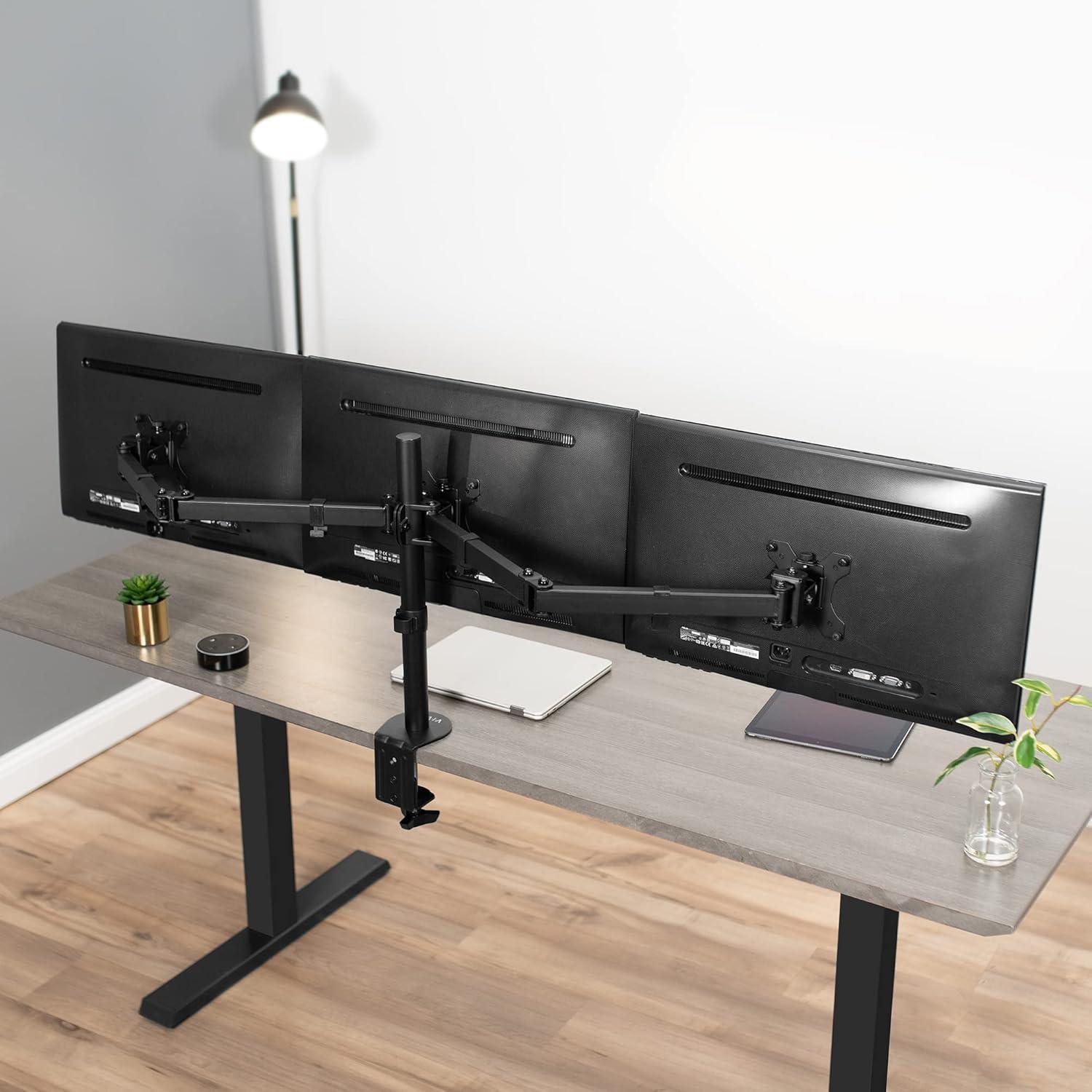 Black Triple Monitor Adjustable Steel Desk Stand with Full-Motion Arm