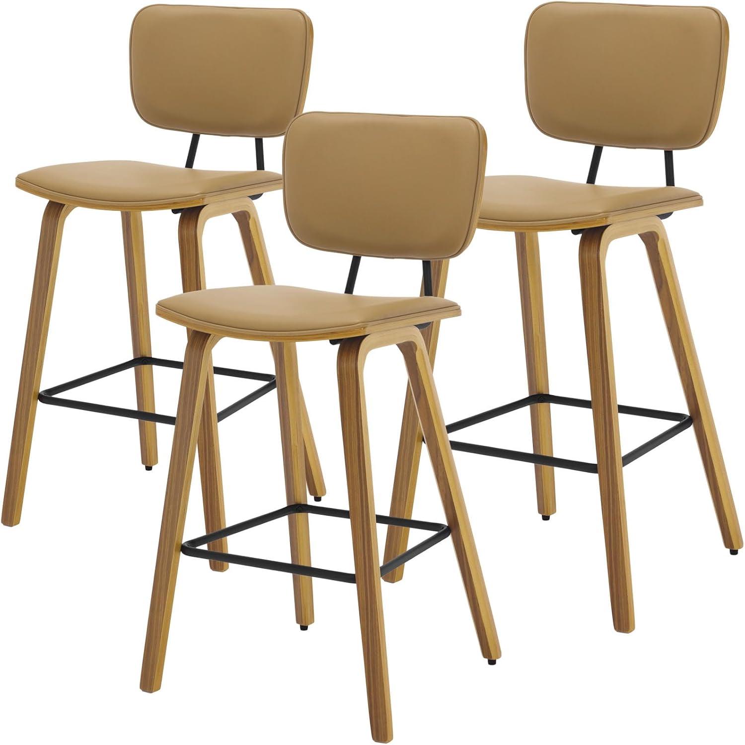 Brown PU Leather Upholstered Counter Stools with Wood Legs, Set of 3