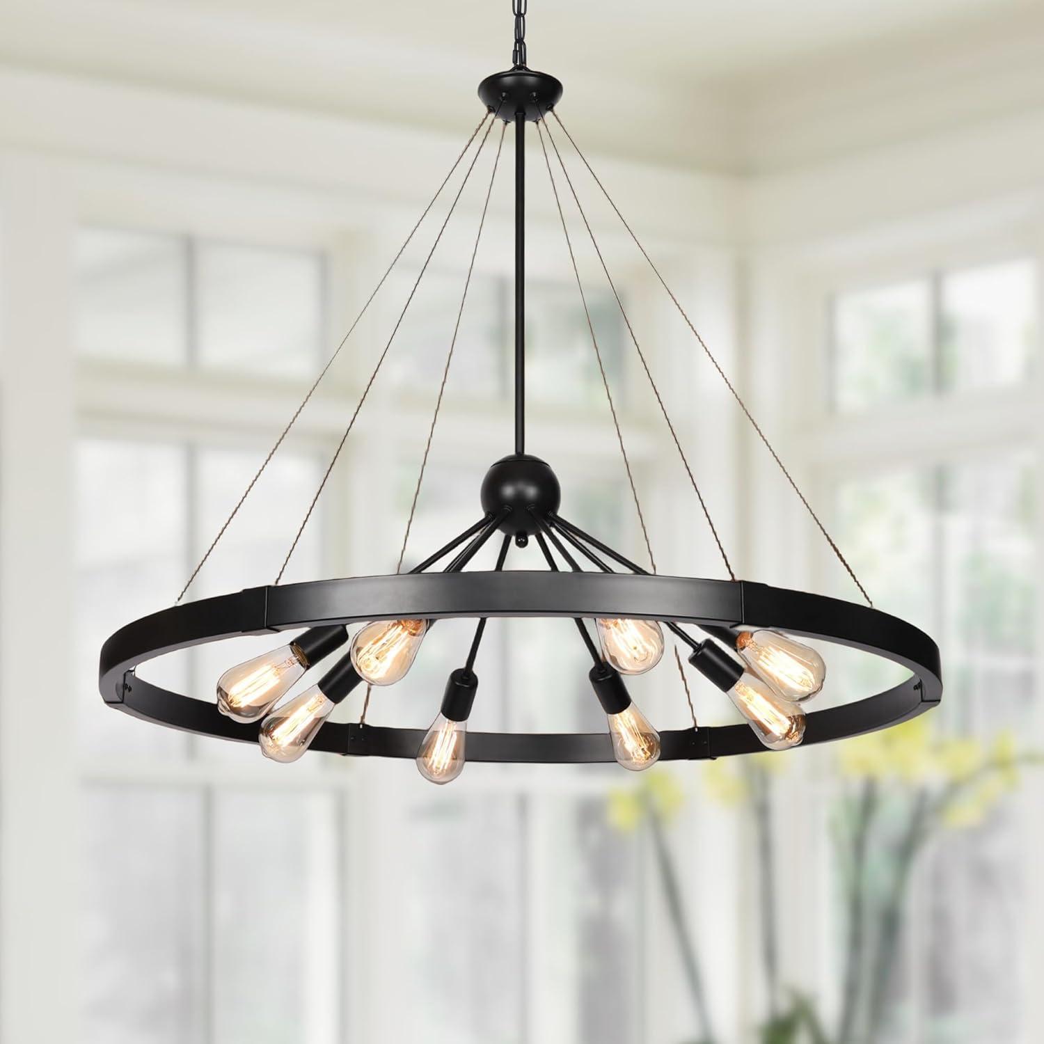 8-Light Farmhouse Black Wagon Wheel Chandelier with Adjustable Chain for Study Dining Room Kitchen