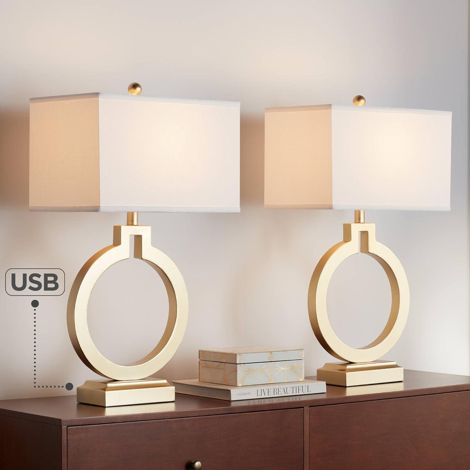 360 Lighting Modern Table Lamps 28 1/2" Tall Set of 2 with USB Charging Port Brushed Gold Open Ring White Shade for Bedroom Living Room House Bedside