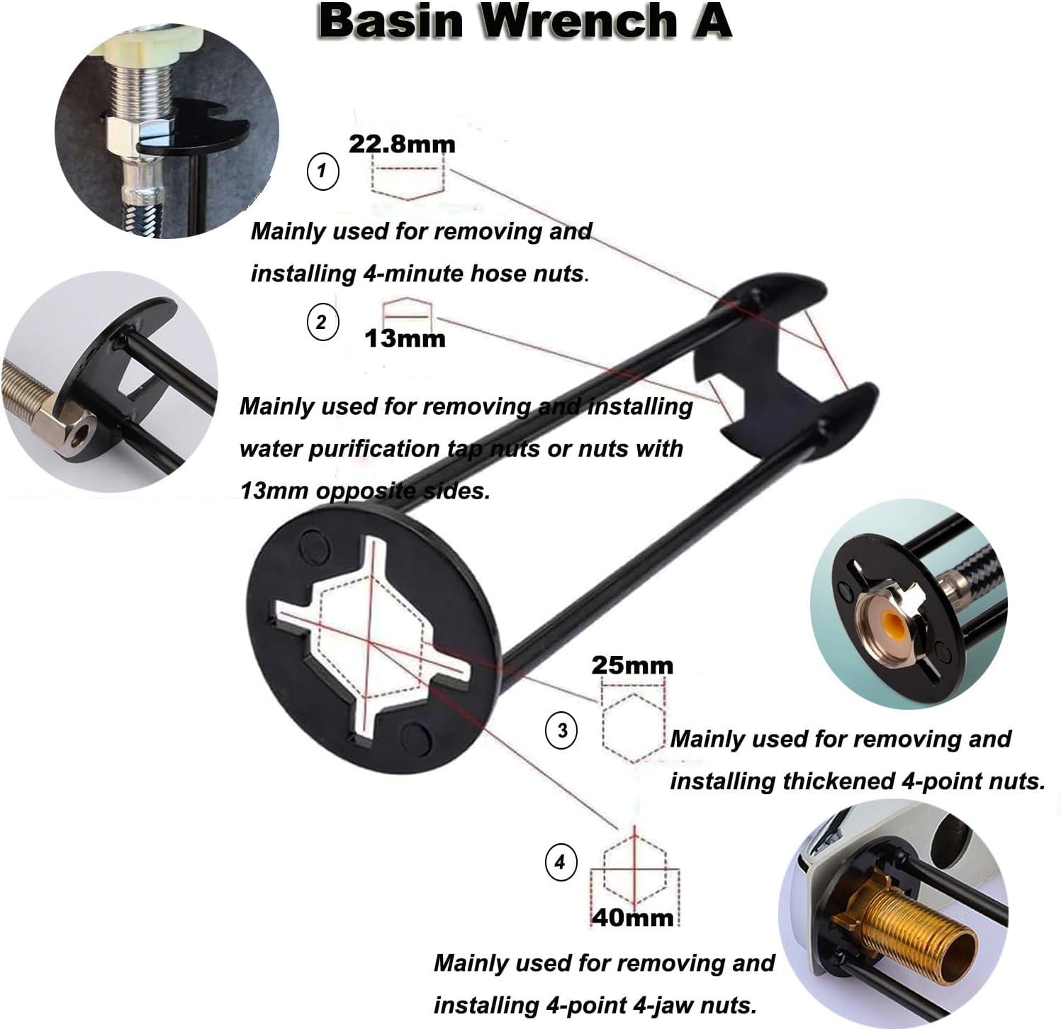 2pcs Basin Wrench Multifunctional Sink Wrench 7 Sizes Faucet Tool Four-jaw Hex Spanner Universal Plumbers Tool for Tight Spaces Kitchen Bathroom Home