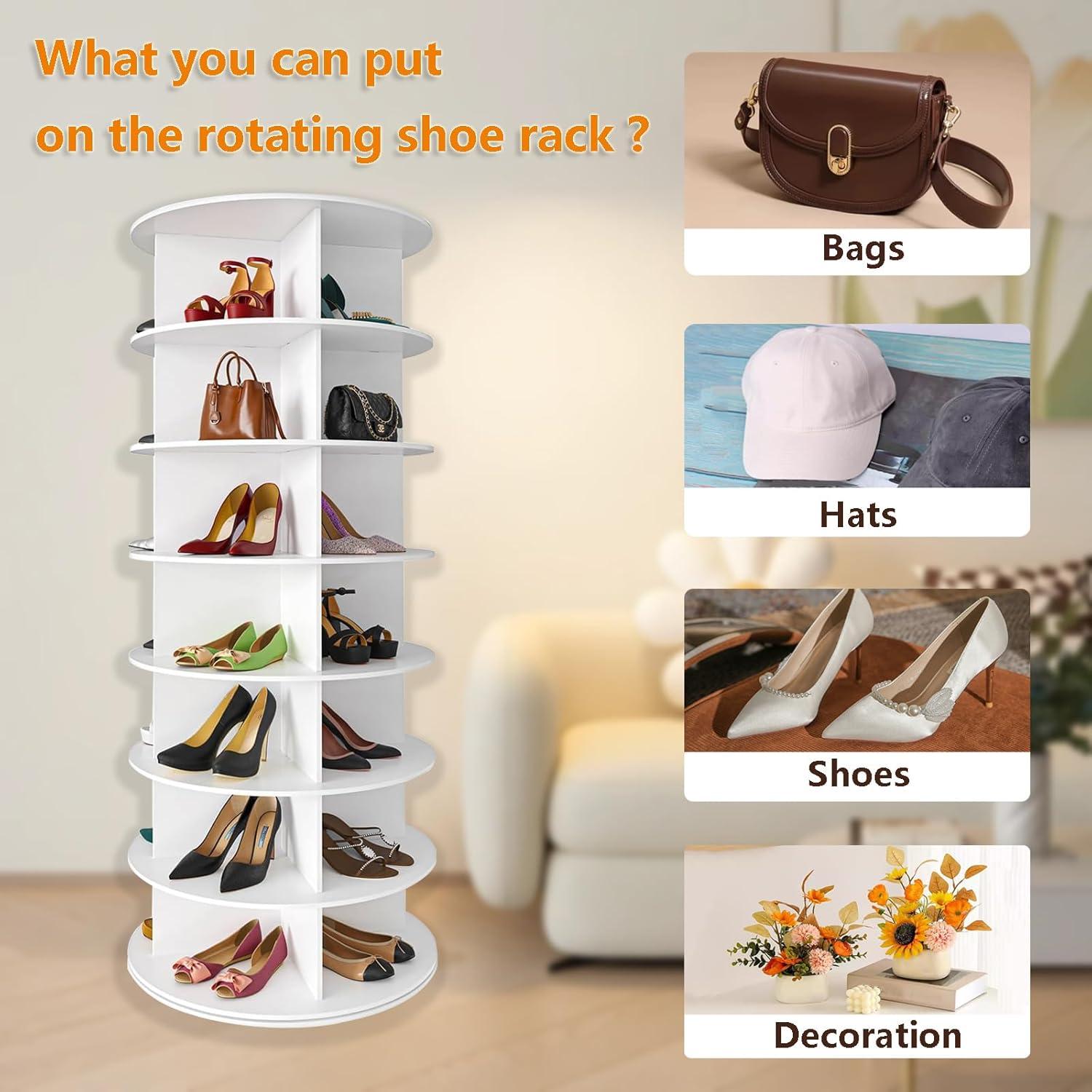 7 Tier Rotating Shoe Rack Tower, Revolving Shoe Rack Storage, Round Carousel Vertical Handbag and Shoe Organizer ,White-SpaceAid®