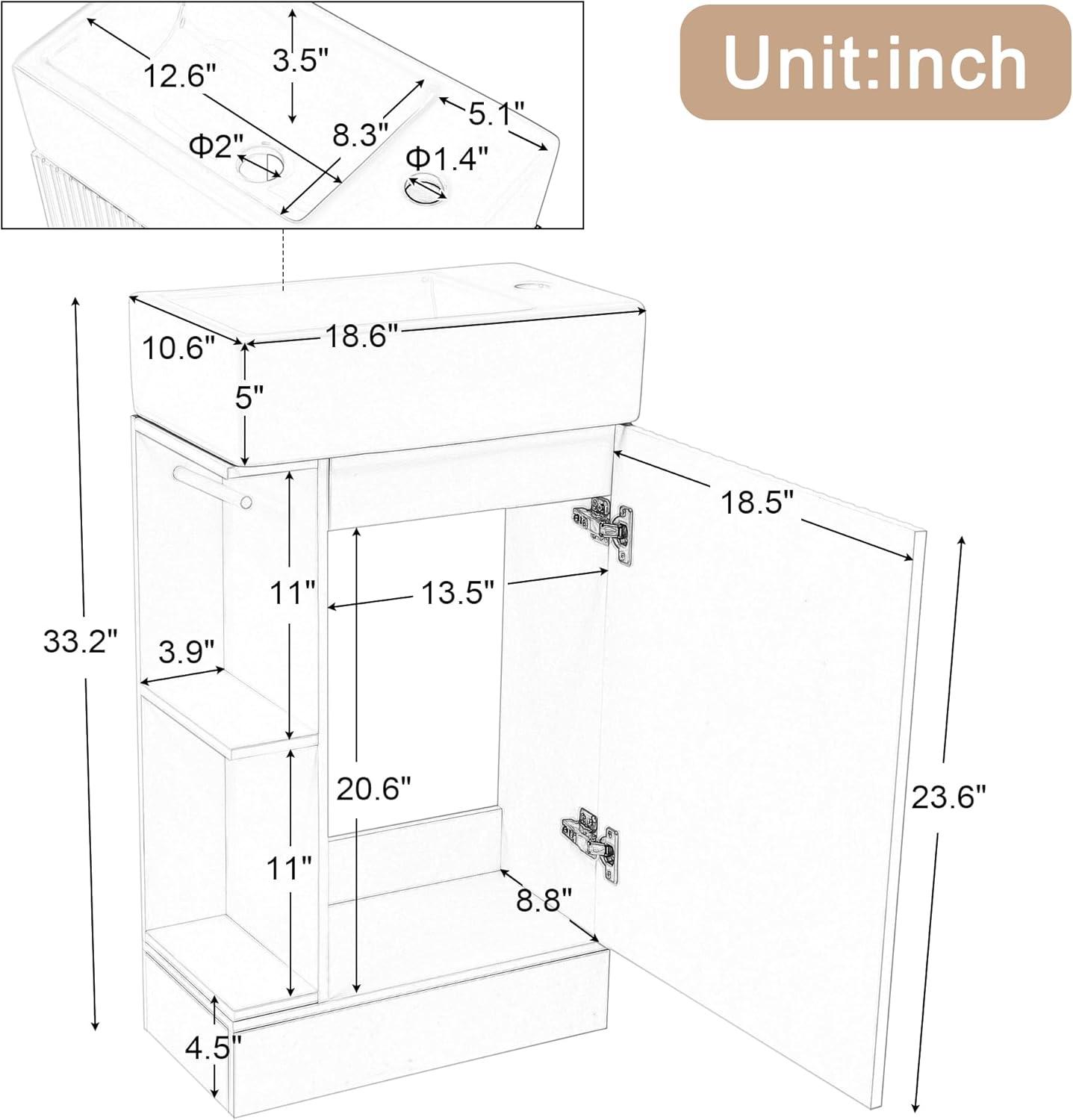 Bathroom Vanity with Sink, Modern Floor-Standing Small Bathroom Vanity with 2-Tier Shelf and Toilet Paper Holder, Batheroom Sink Cabinet with MDF Board for Batheroom