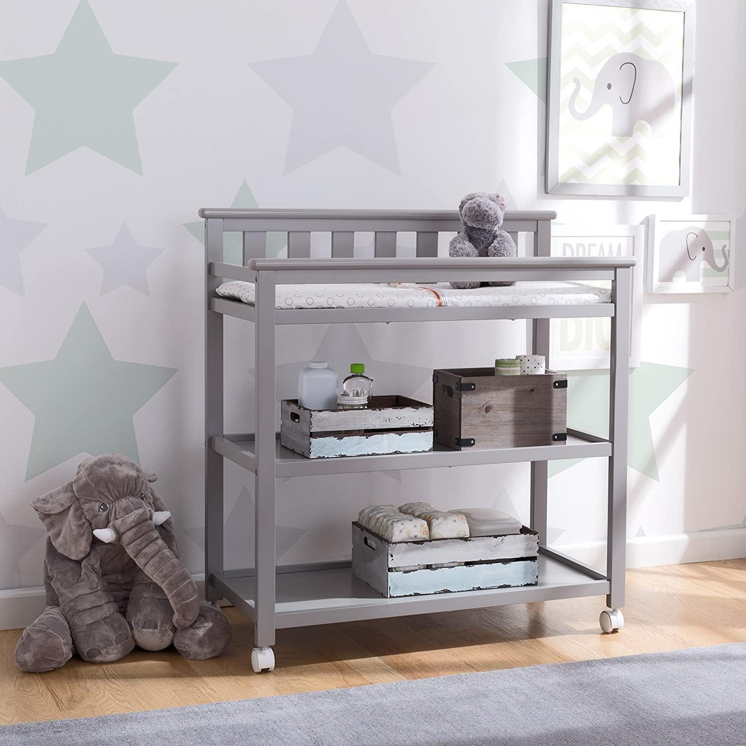 Gray Wood Changing Table with Wheels and Safety Strap