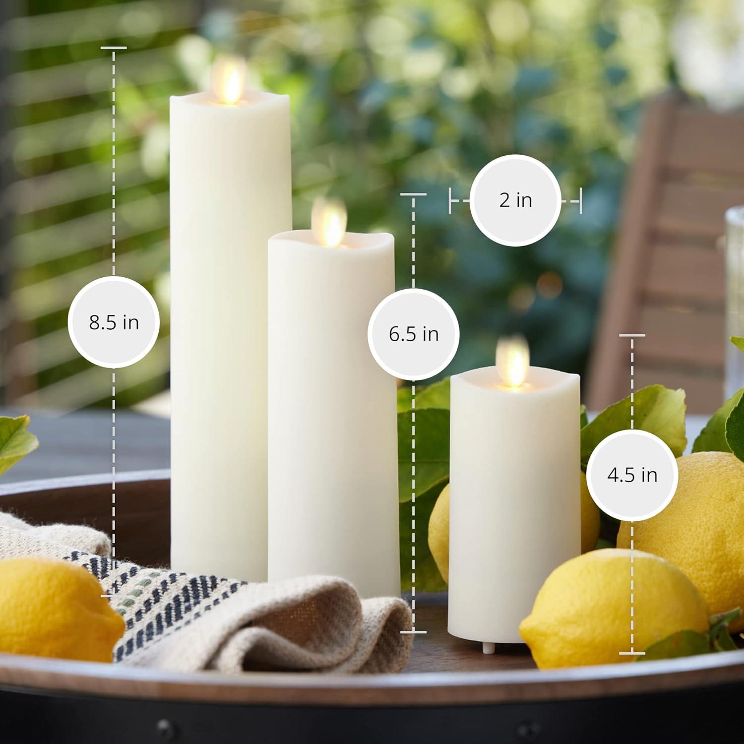 Luminara Outdoor Slim Pillar Flameless LED Candle, Set of 3 Ivory, Moving Flame Weather Resistant Remote Timer Ready Battery Operated Safe Melted Edge