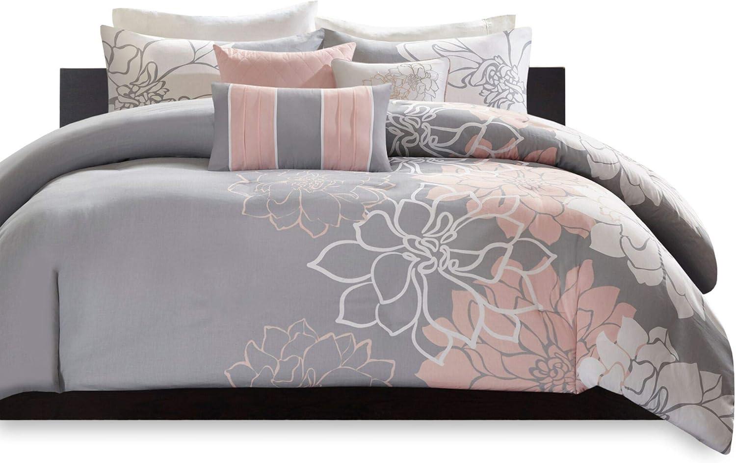 California King Gray and Blush Floral Cotton Comforter Set