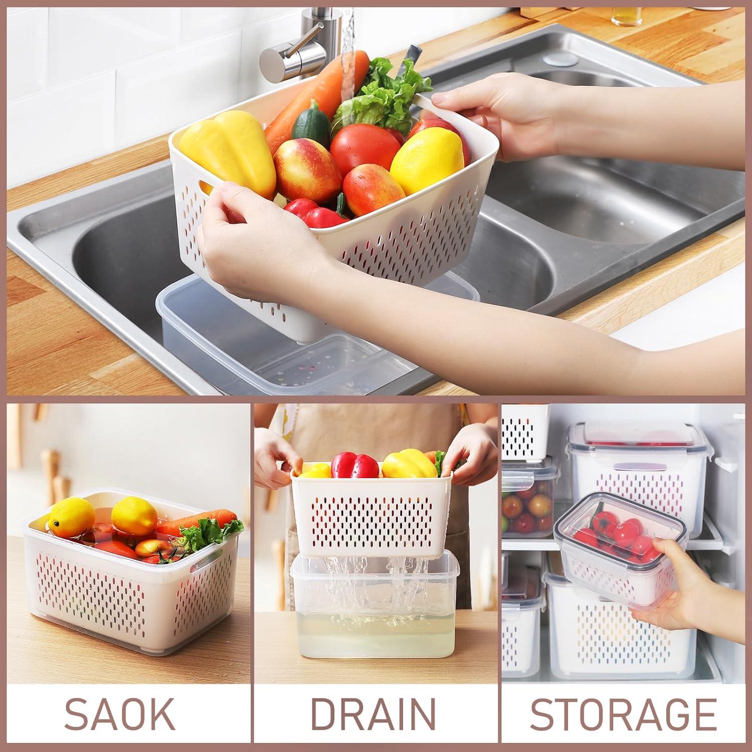 6 PCS Large Fruit Containers for Fridge - Leakproof Food Storage Containers with Removable Colander - Dishwasher & Microwave Safe Produce Containers Keep Fruits, Vegetables, Berry, Meat Fresh longer…