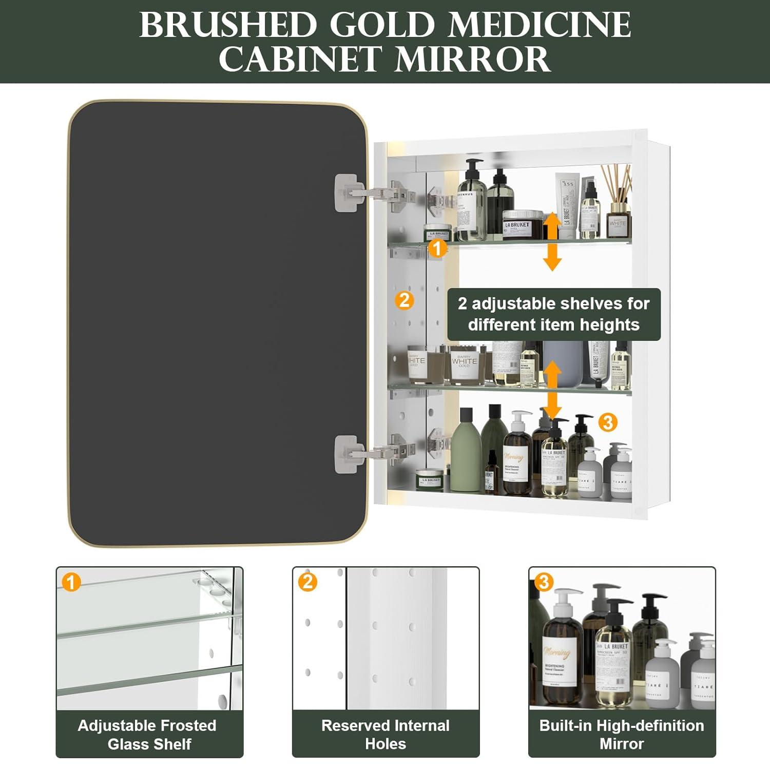 Bathroom Medicine Cabinet With Mirror, 16X24 Inch Gold Recessed Medicine Cabinet With Round Corner Aluminum Alloy Metal Framed, Single Door Modern Medicine Cabinet With Storage