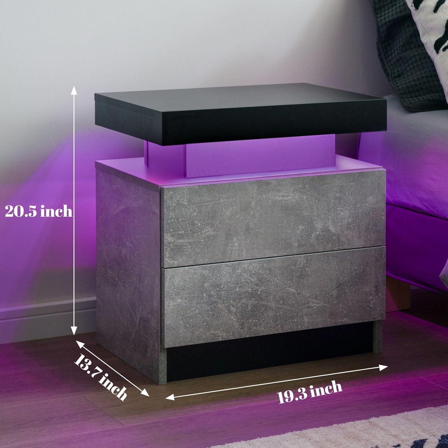 Nightstand LED Bedside Table Cabinet Lights Modern End Side with 2 Drawers for Bedroom