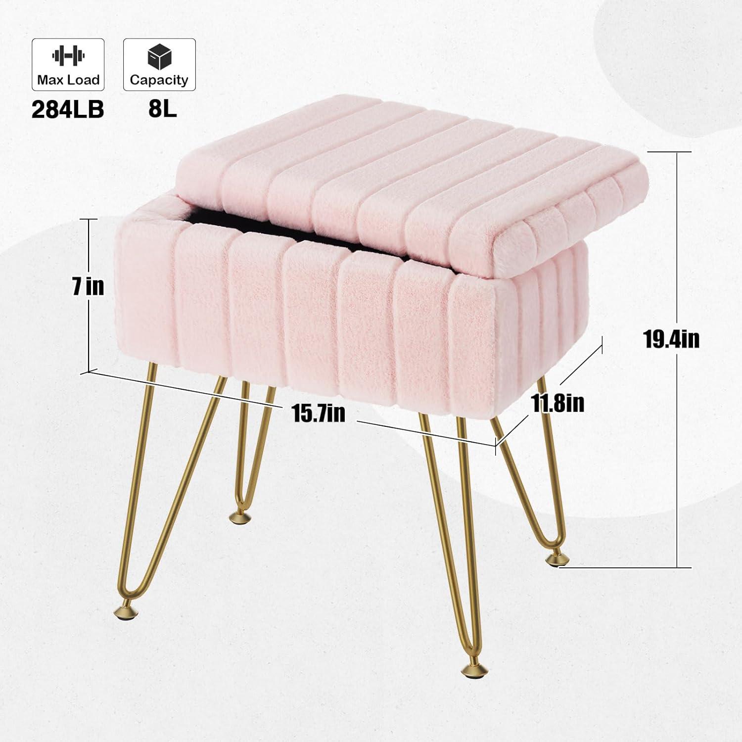 Greenstell Vanity Stool Chair Faux Fur with Storage, 15.7"L x 11.8"W x 19.4"H Soft Ottoman 4 Metal Legs with Anti-Slip Feet, Furry Padded Seat, Modern Multifunctional Chairs for Makeup, Bedroom Pink