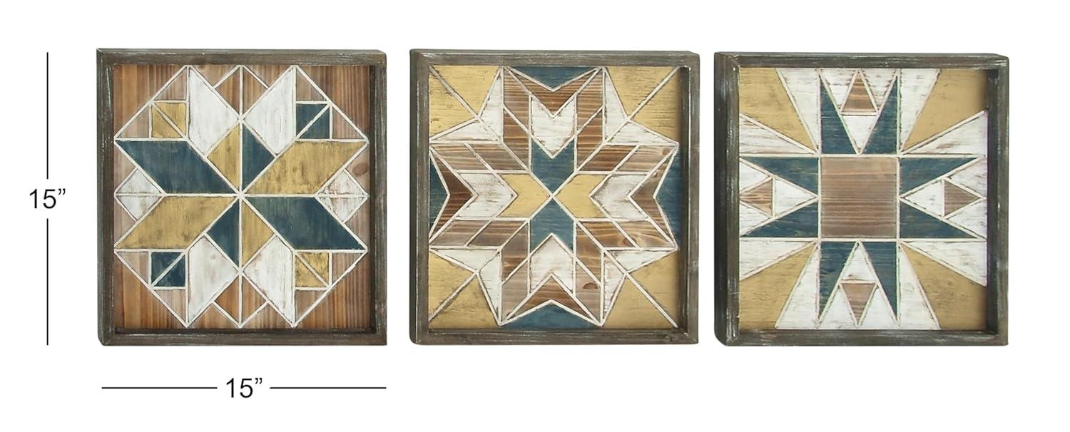 DecMode Farmhouse Distressed Rectangular Wood Wall Décor with Multi Colored Geometric Pattern, 46"W x 23"H