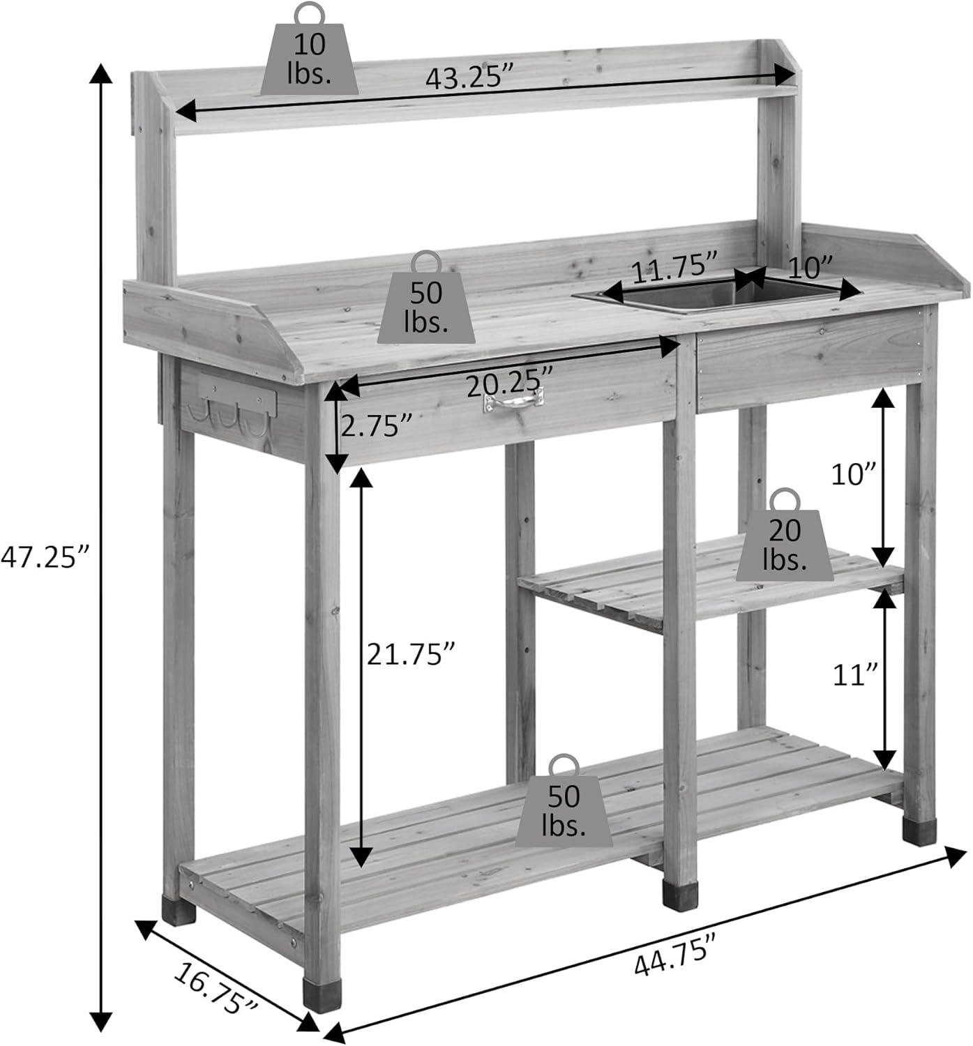 Light Oak Wood Potting Bench with Sink and Storage