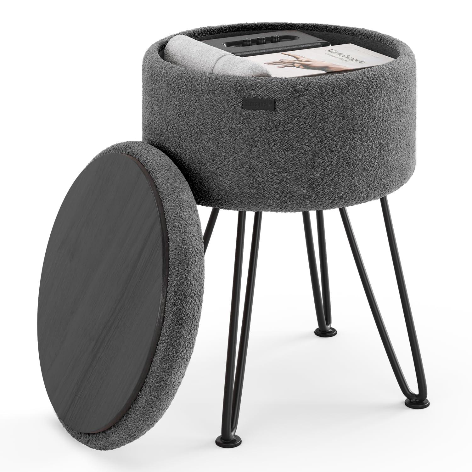 StorageBud Round Ottoman with Storage, Boucle Storage Ottoman, Modern Foot Stool Ottoman for Living Room and Bedroom, Gray/Black Legs
