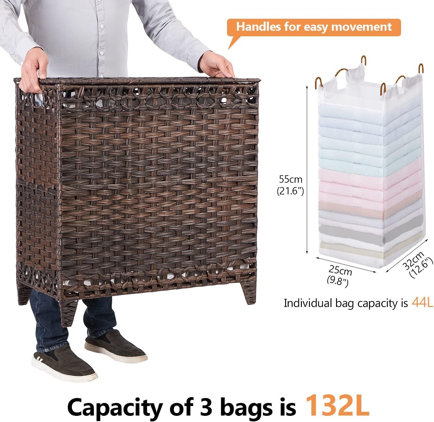 Brown Rectangular Wicker Laundry Hamper with Lid and Liners